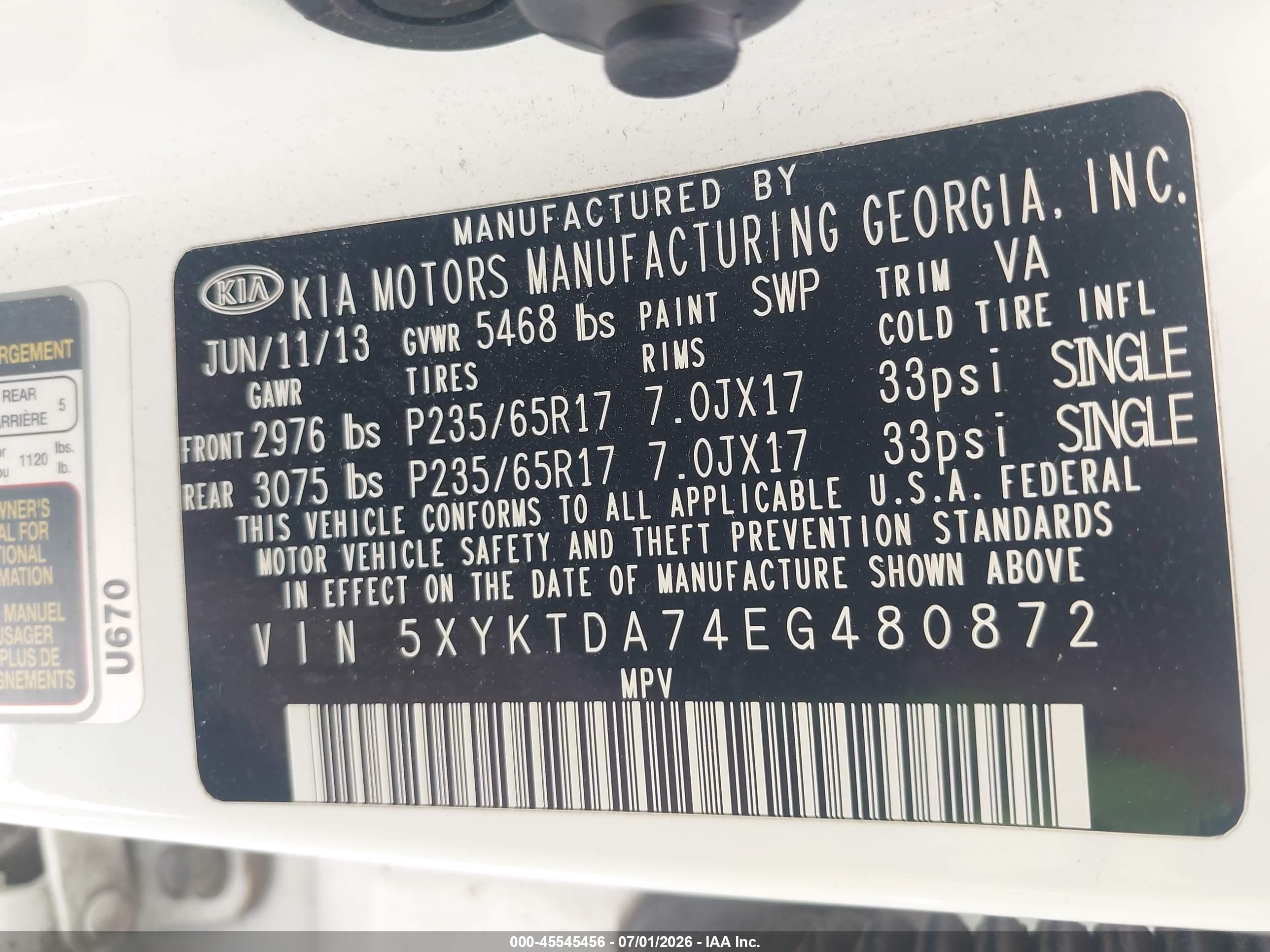 2014 Kia Sorento Lx V6 White vin: 5XYKTDA74EG480872