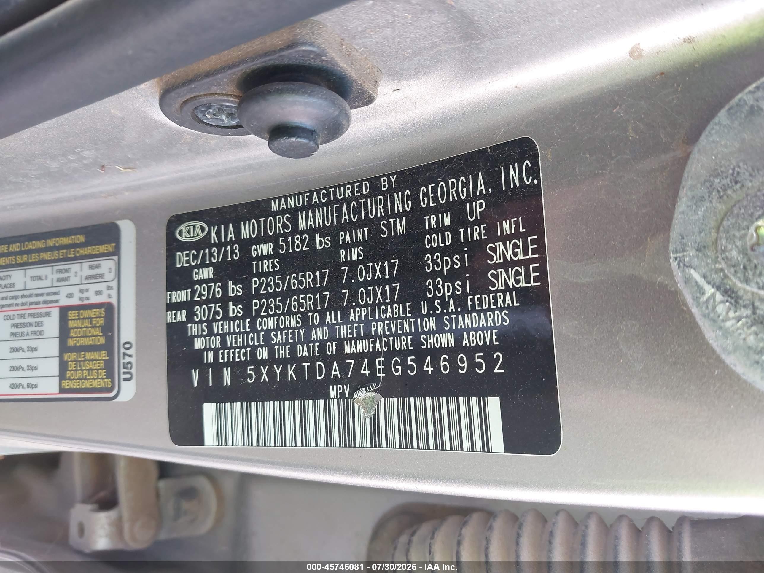 2014 Kia Sorento Lx V6 Silver vin: 5XYKTDA74EG546952