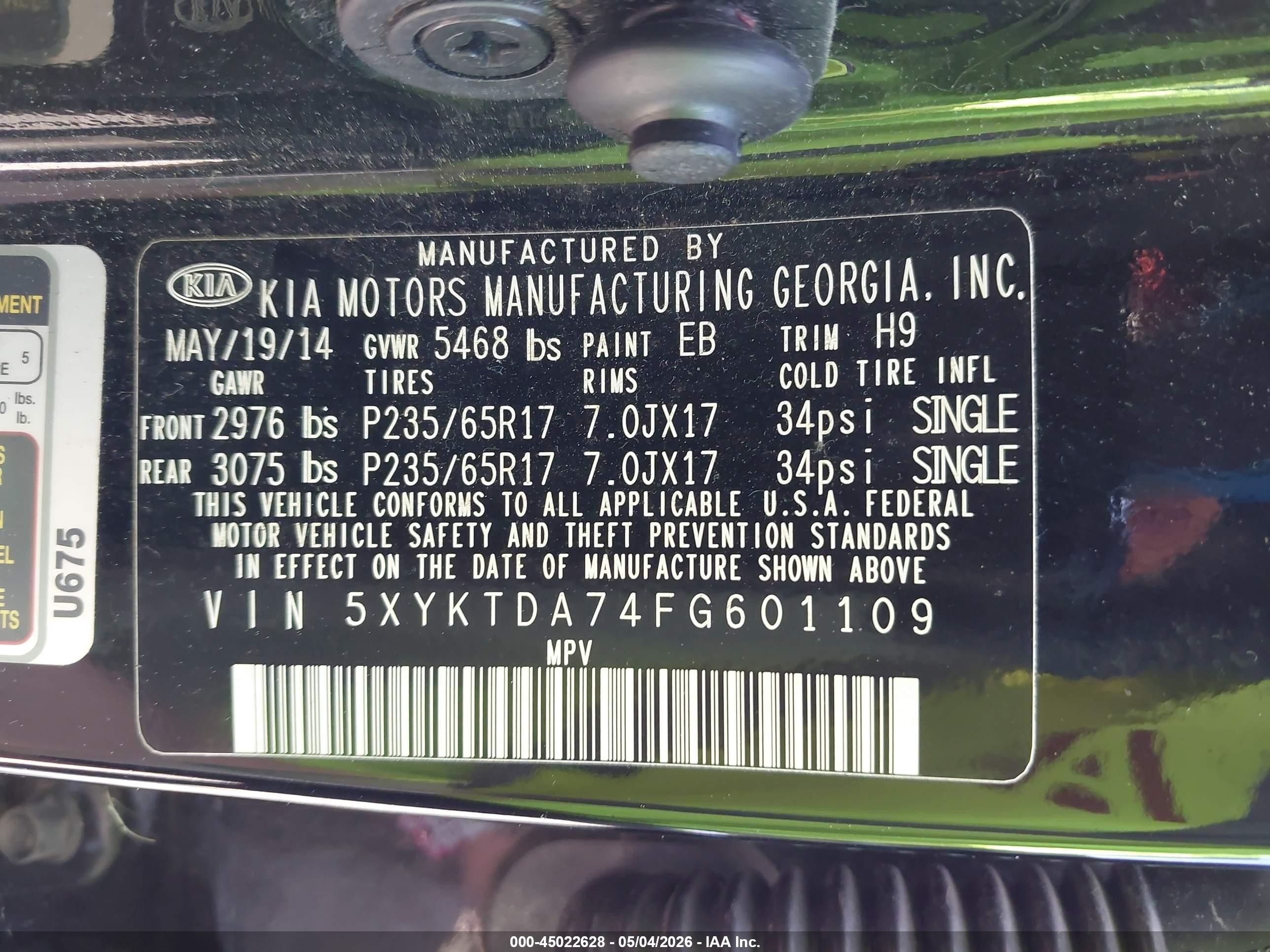 2015 Kia Sorento Lx V6 Black vin: 5XYKTDA74FG601109