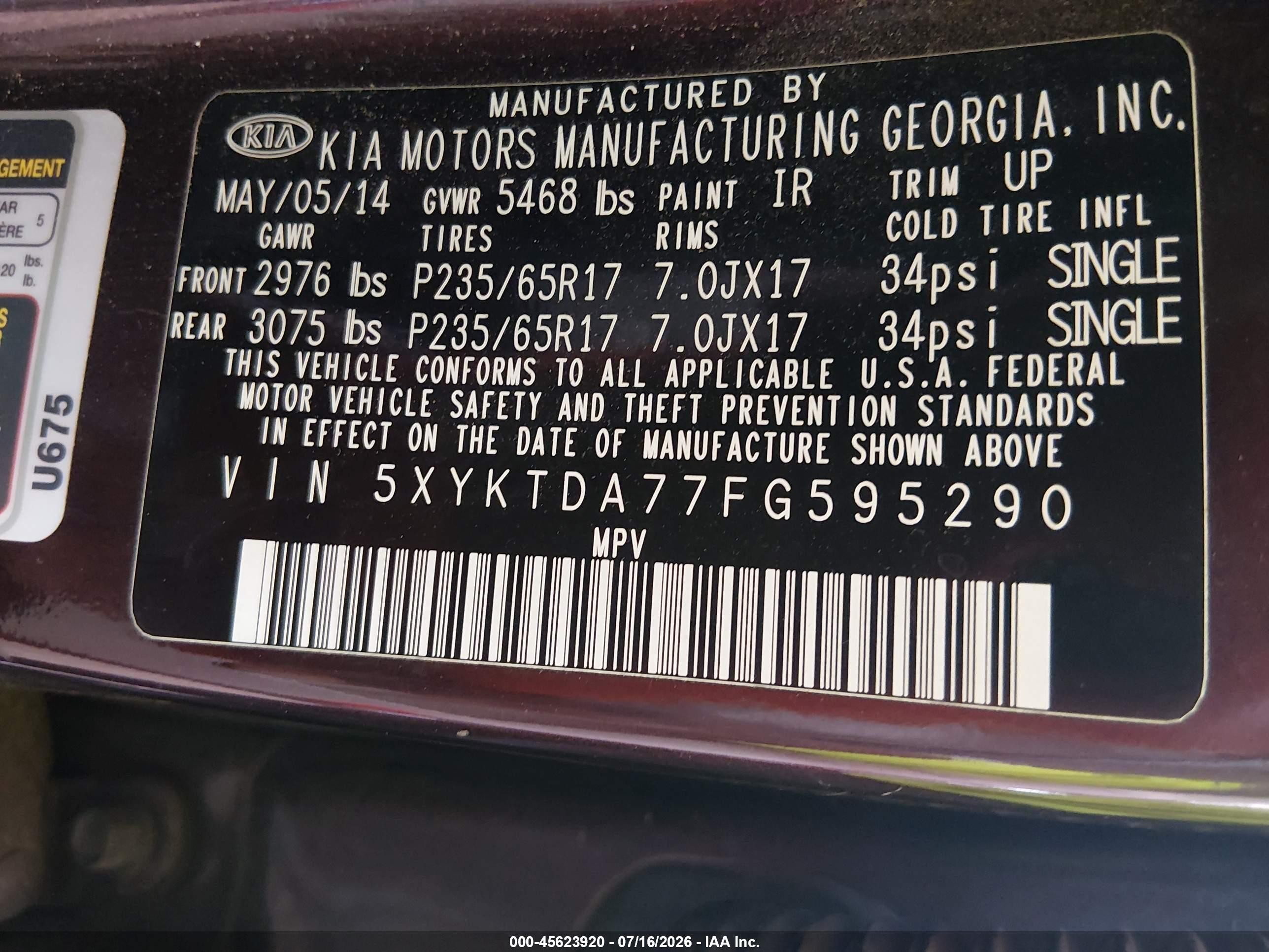 2015 Kia Sorento Lx V6 Purple vin: 5XYKTDA77FG595290