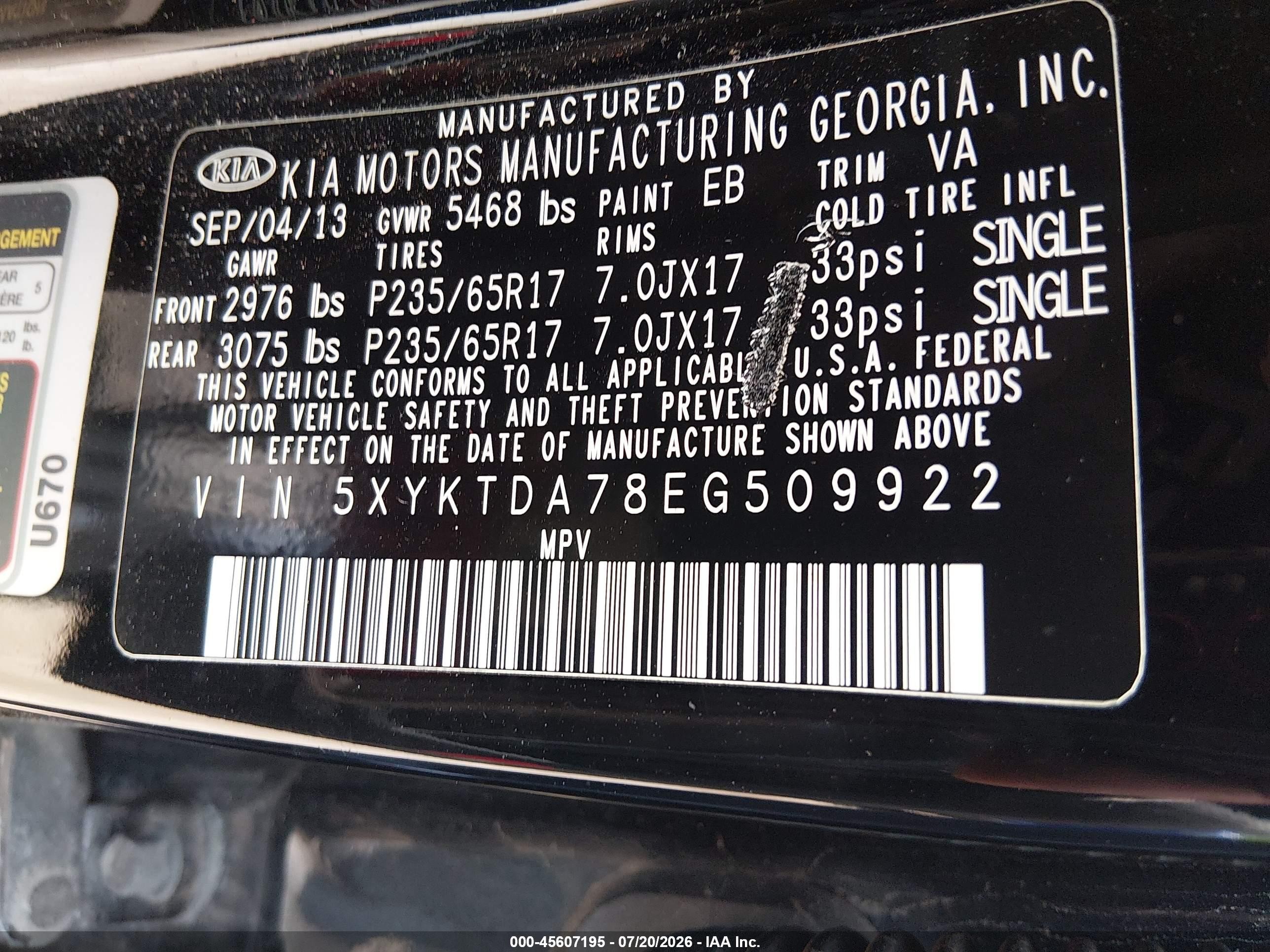 2014 Kia Sorento Lx V6 Black vin: 5XYKTDA78EG509922