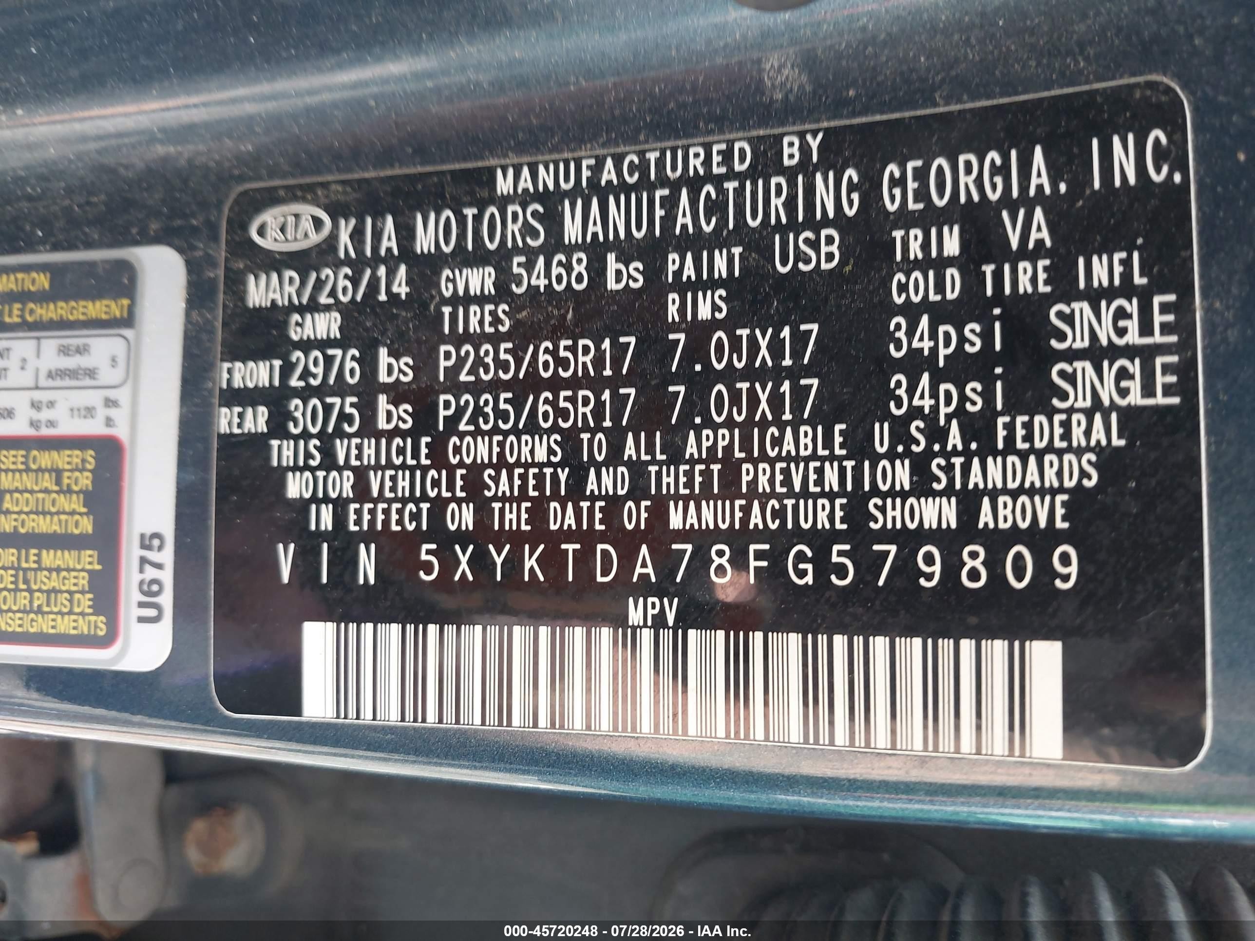 2015 Kia Sorento Lx V6 Blue vin: 5XYKTDA78FG579809