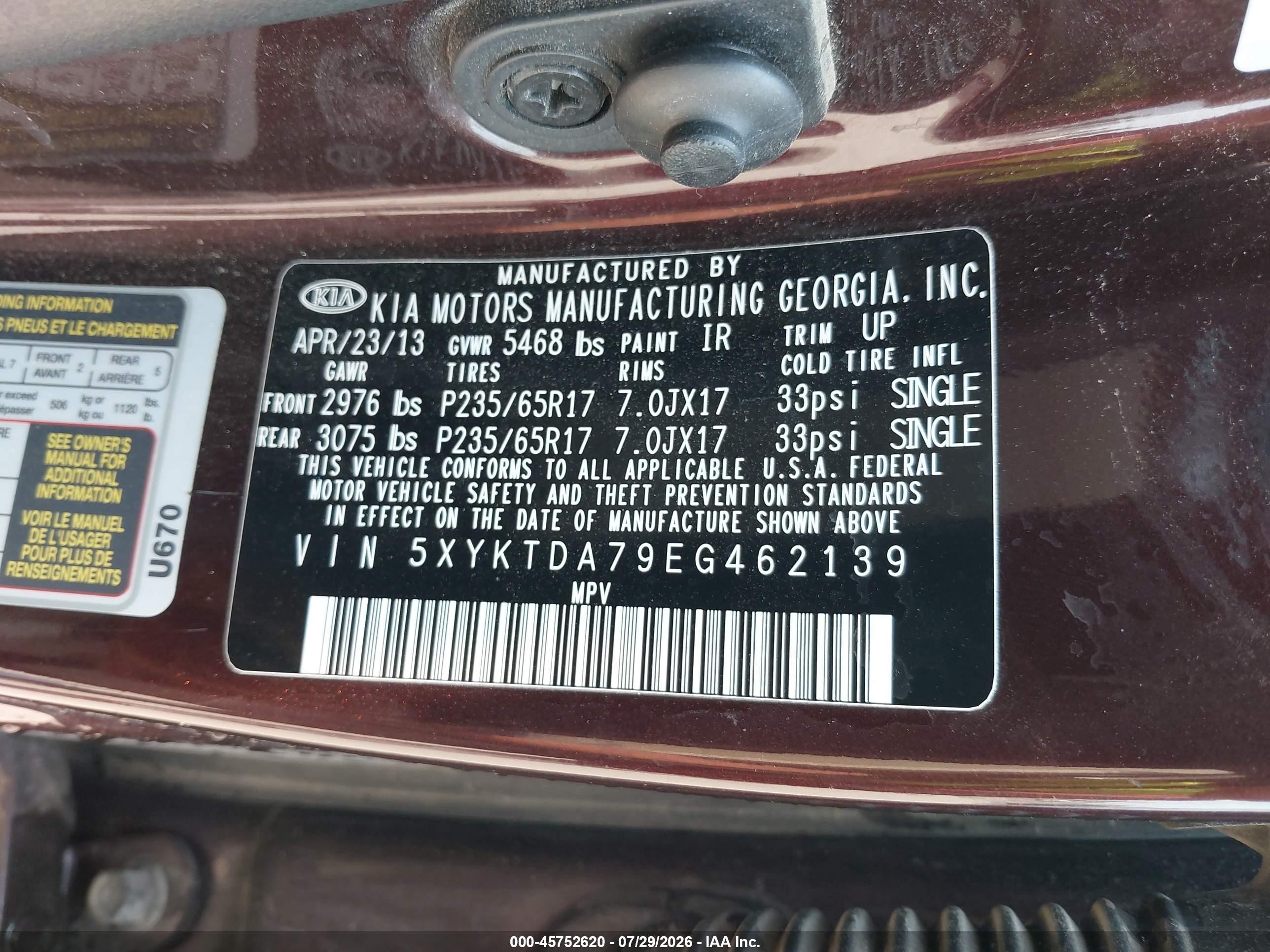 2014 Kia Sorento Lx V6 Purple vin: 5XYKTDA79EG462139