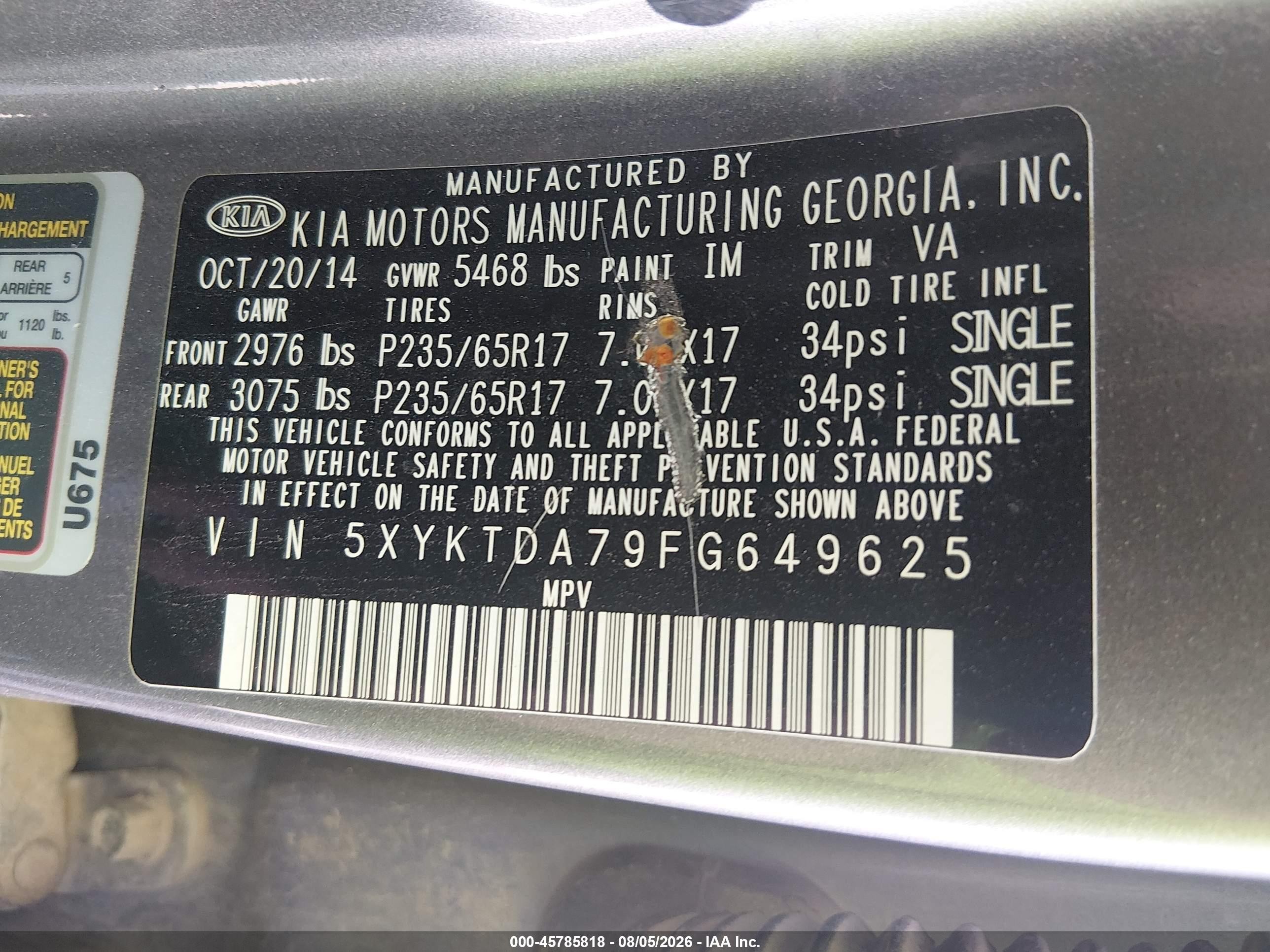 2015 Kia Sorento Lx V6 Silver vin: 5XYKTDA79FG649625
