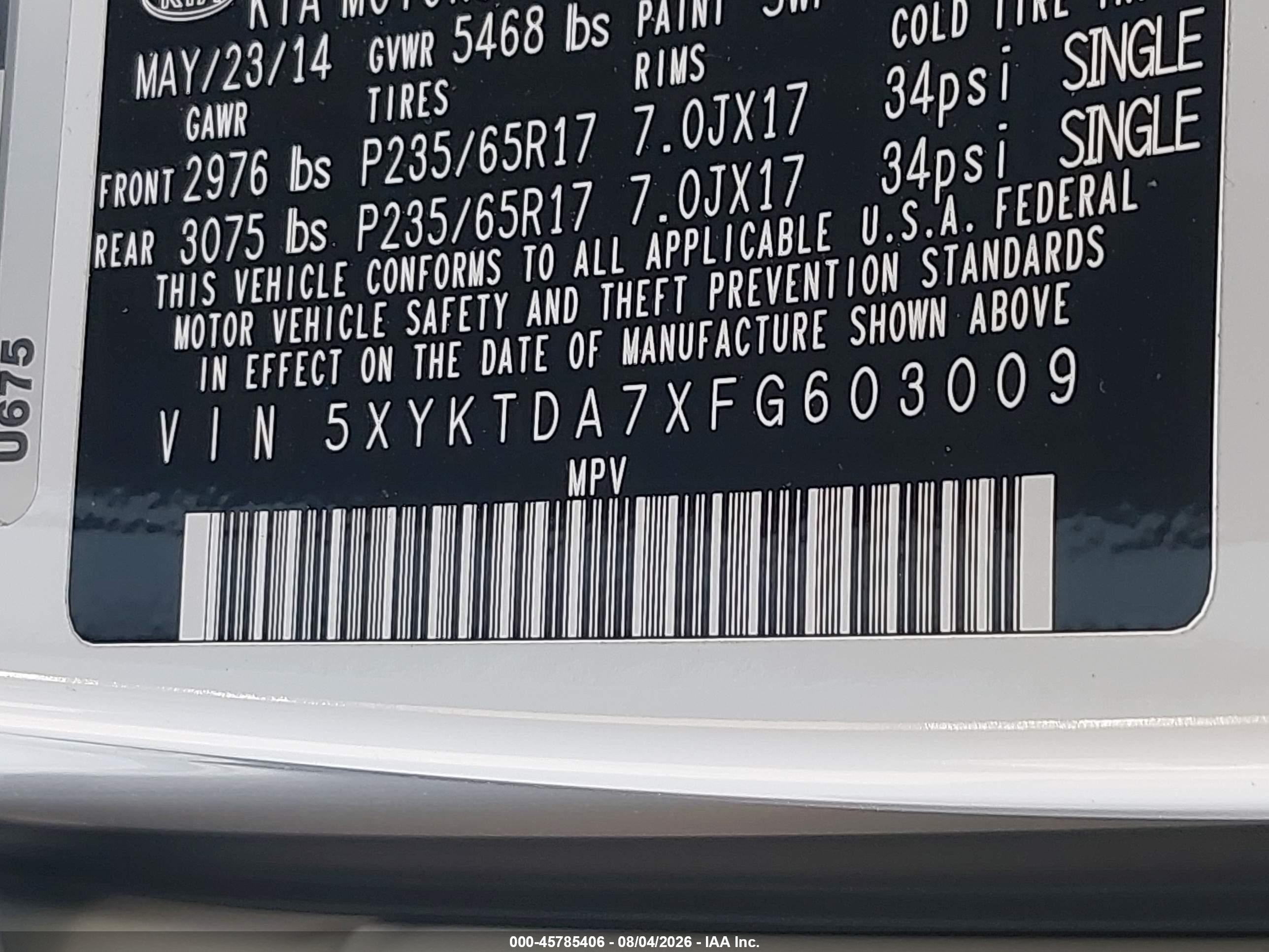 2015 Kia Sorento Lx White vin: 5XYKTDA7XFG603009