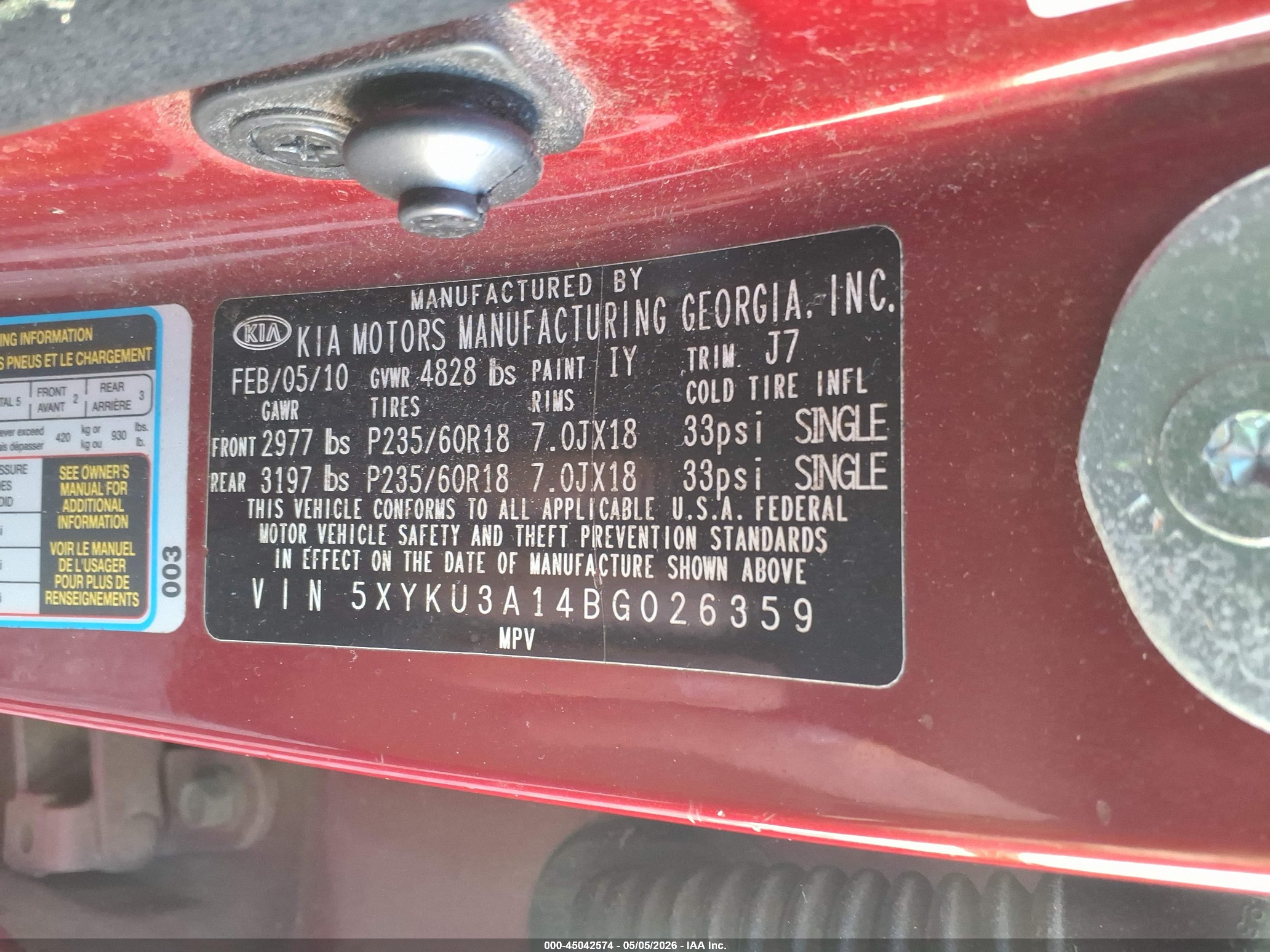 2011 Kia Sorento Ex Red vin: 5XYKU3A14BG026359