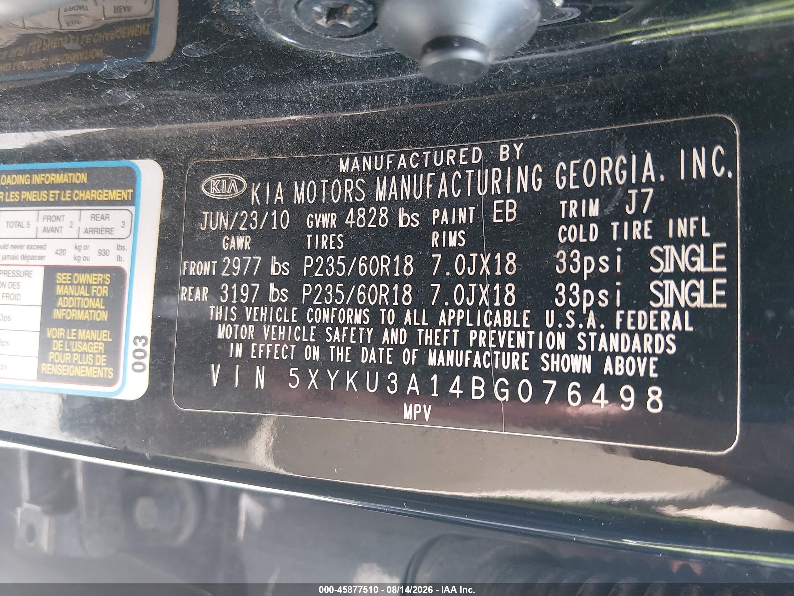 2011 Kia Sorento Ex Black vin: 5XYKU3A14BG076498