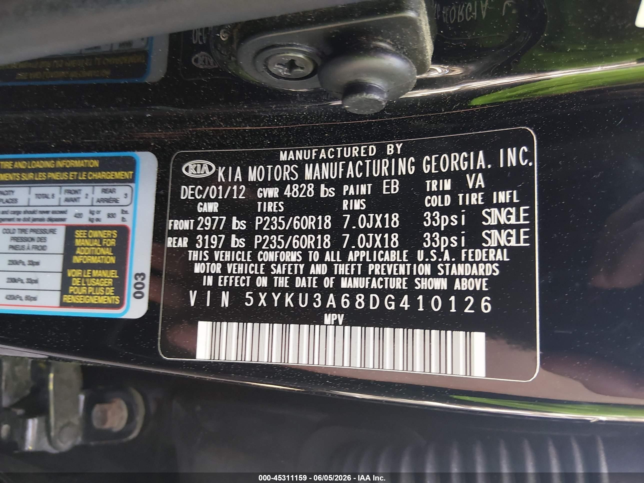 2013 Kia Sorento Ex Black vin: 5XYKU3A68DG410126