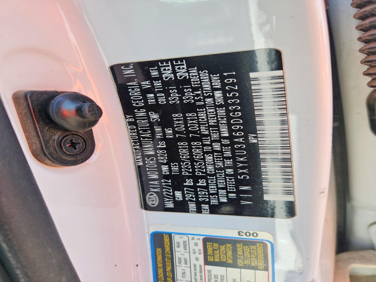 2013 Kia Sorento Ex White vin: 5XYKU3A69DG335291