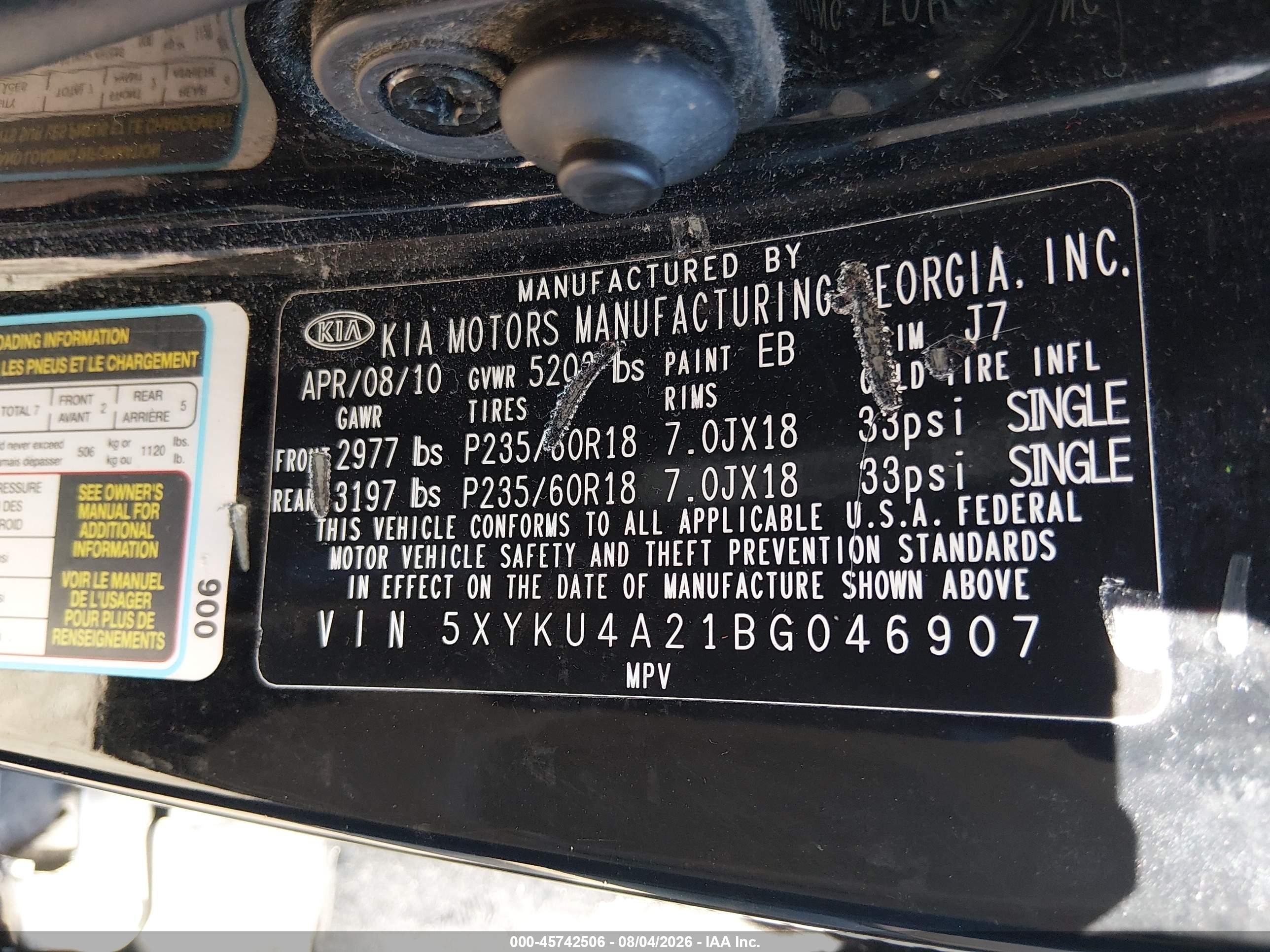 2011 Kia Sorento Ex V6 Черный vin: 5XYKU4A21BG046907