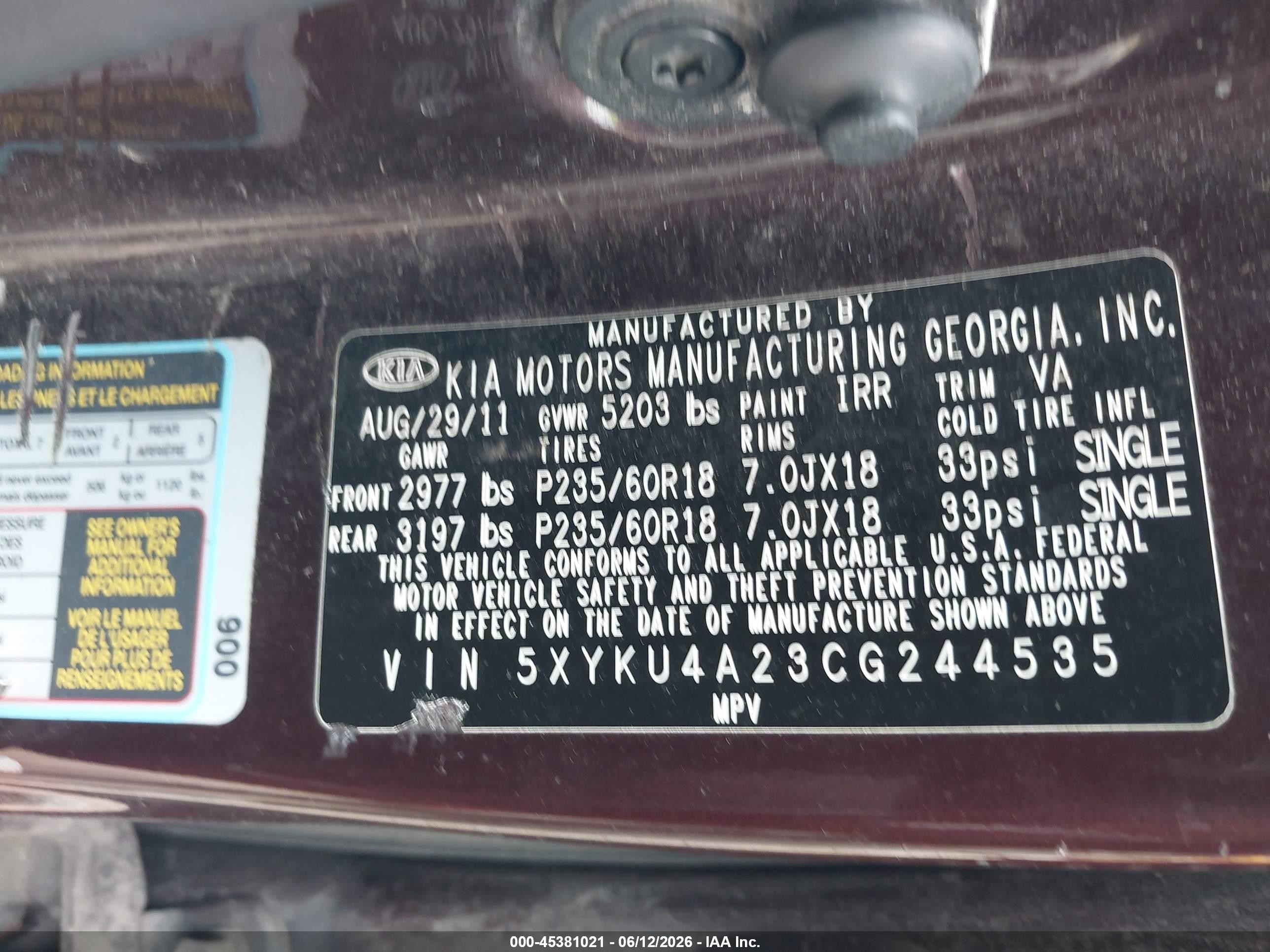2012 Kia Sorento Ex V6 Burgundy vin: 5XYKU4A23CG244535