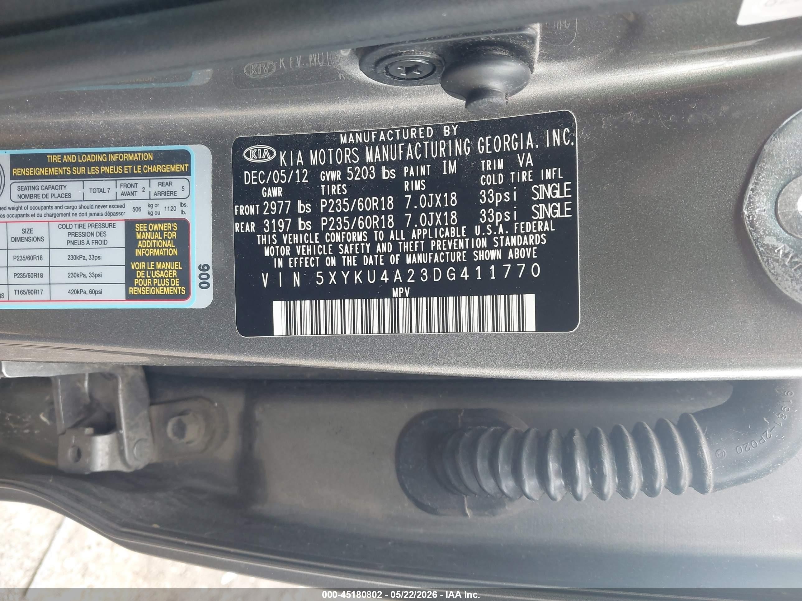 2013 Kia Sorento Ex V6 Champagne vin: 5XYKU4A23DG411770