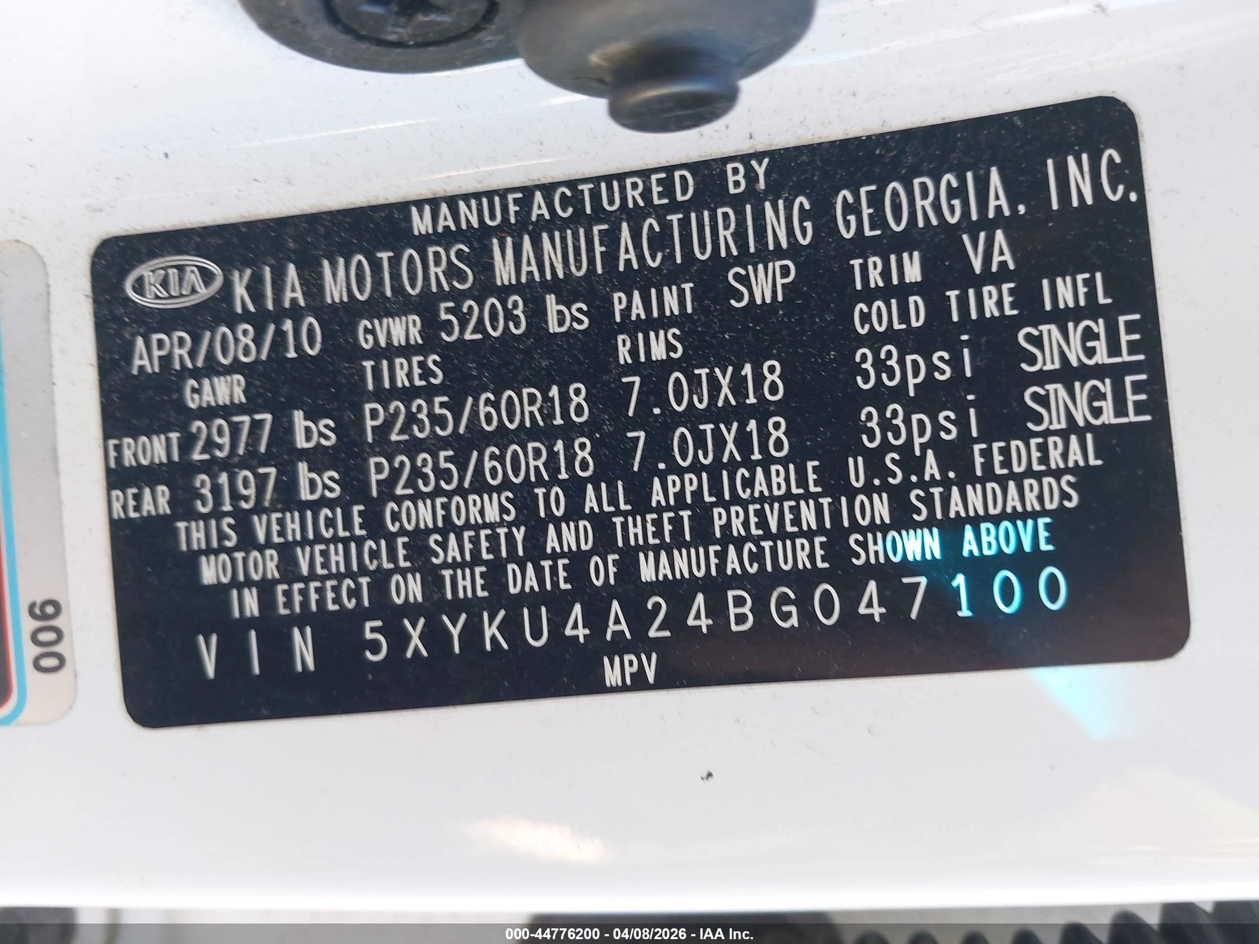 2011 Kia Sorento Ex V6 White vin: 5XYKU4A24BG047100