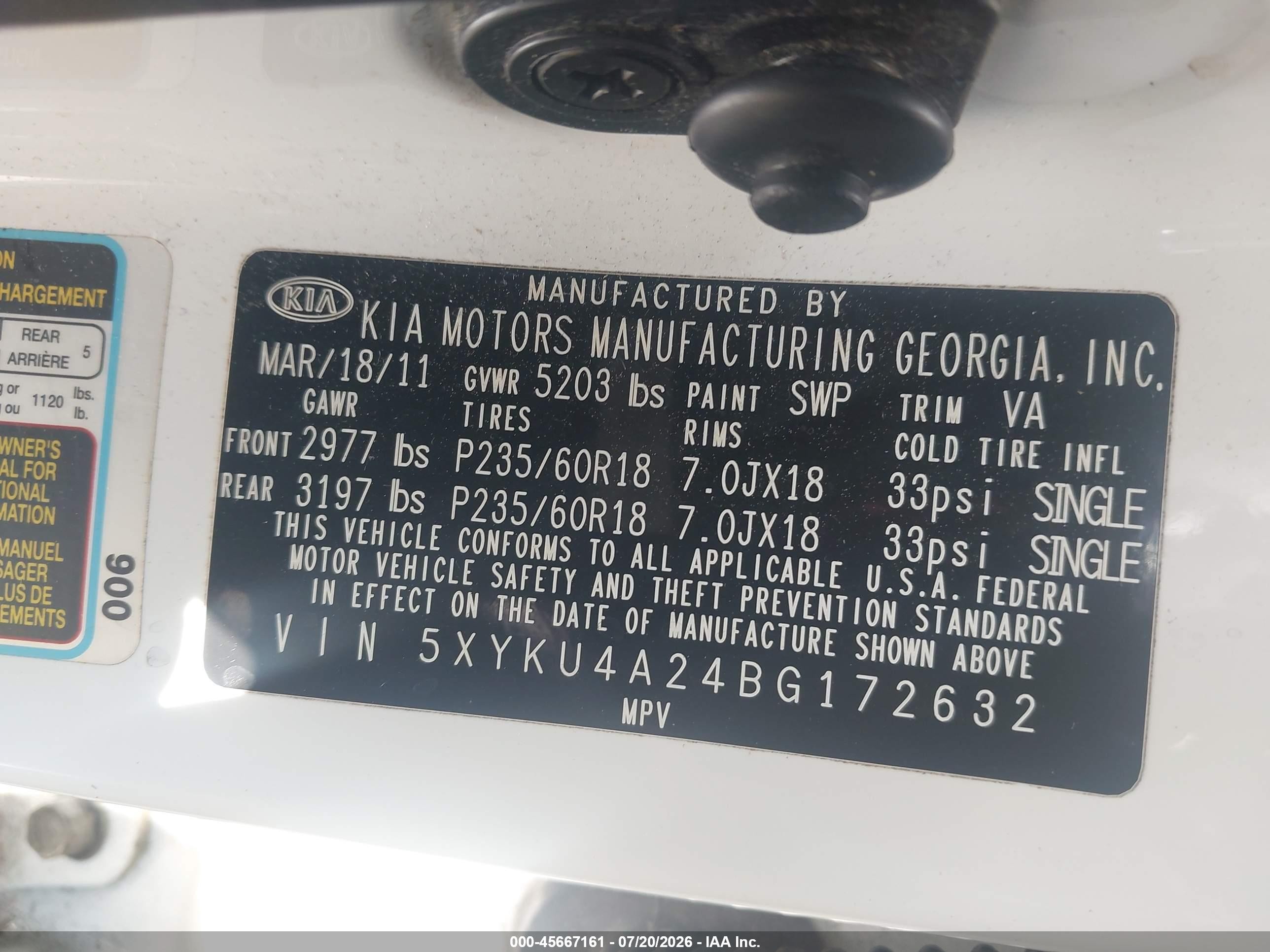 2011 Kia Sorento Ex V6 White vin: 5XYKU4A24BG172632