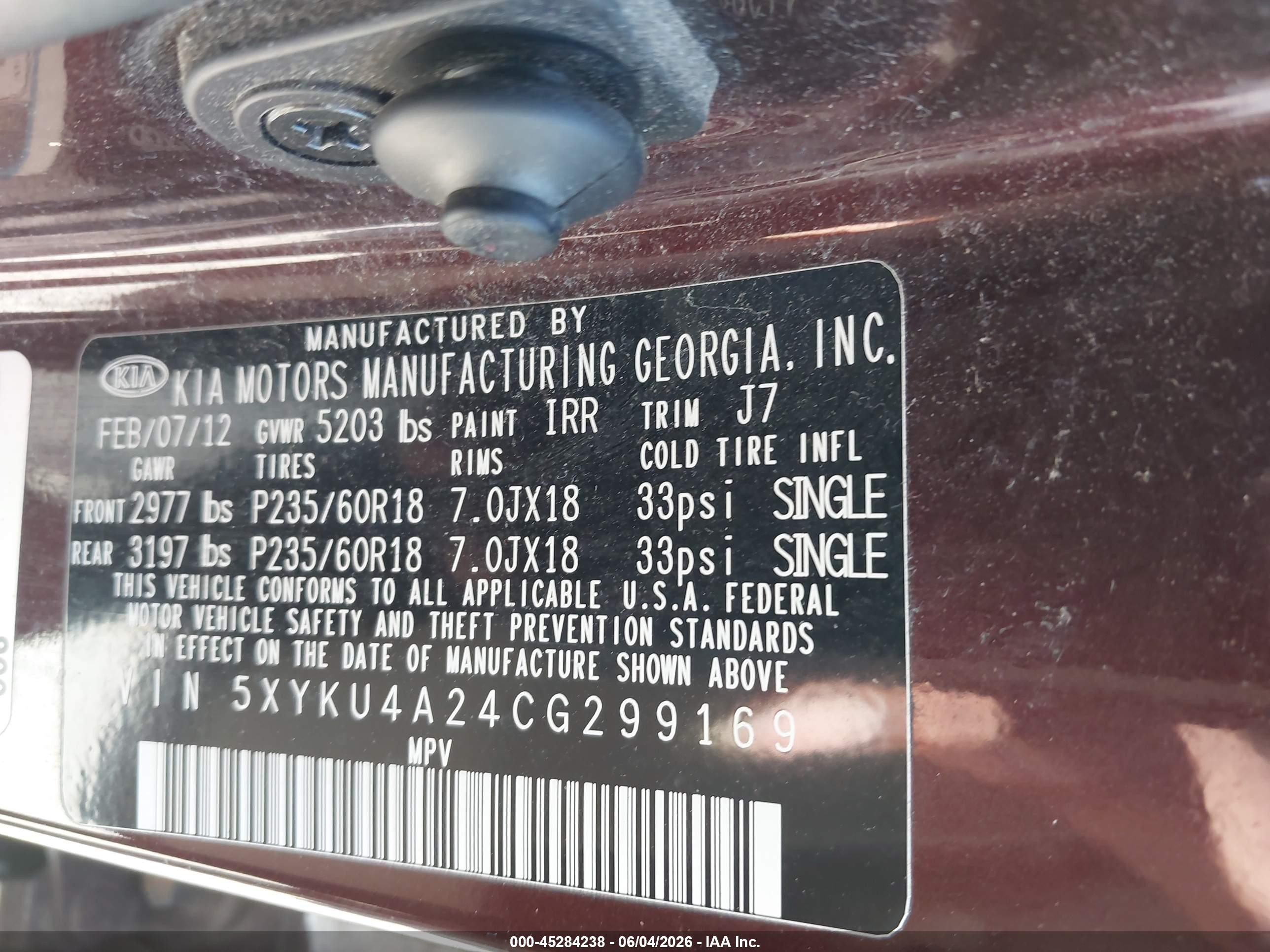 2012 Kia Sorento Ex V6 Maroon vin: 5XYKU4A24CG299169