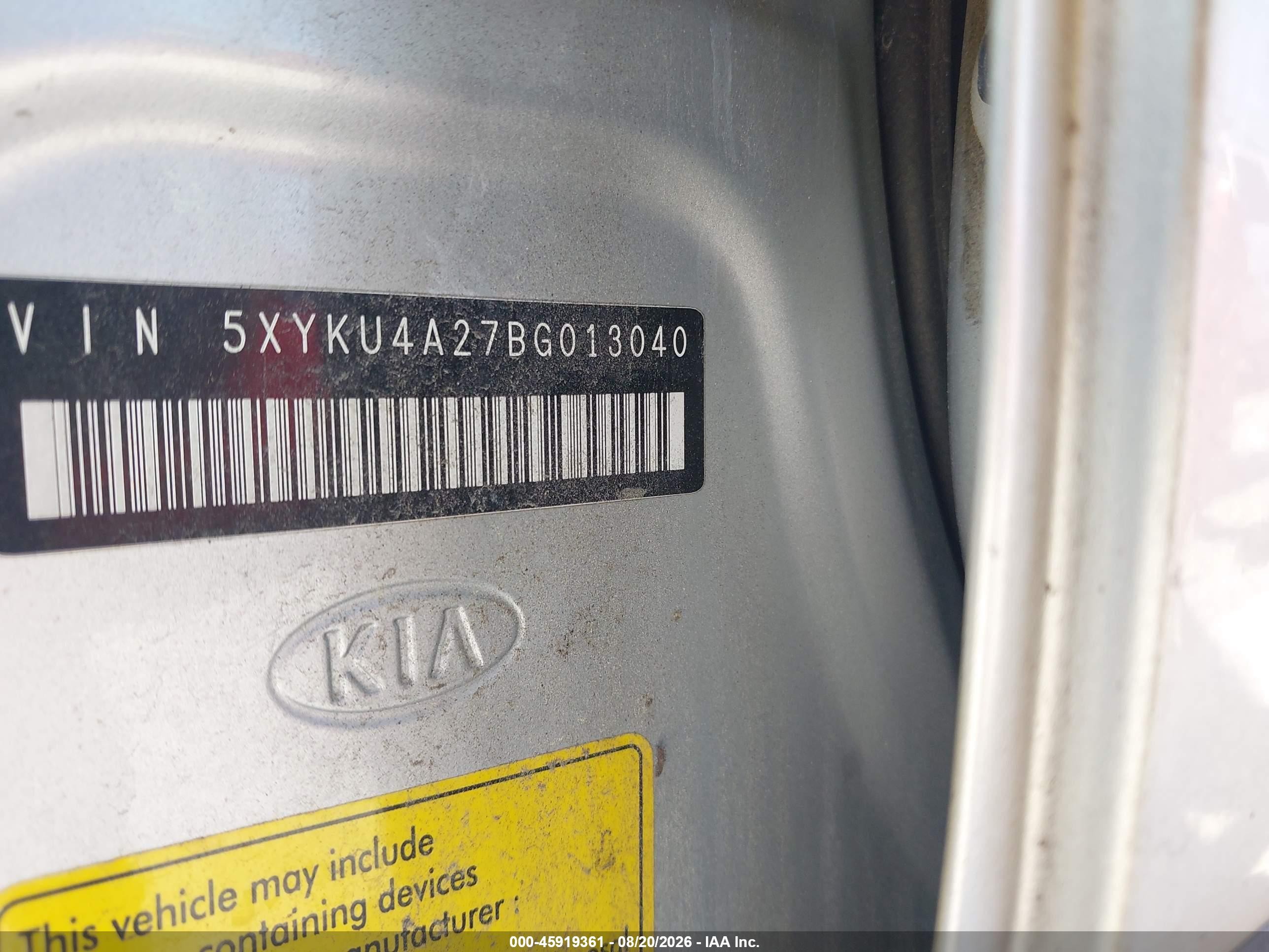 2011 Kia Sorento Ex V6 Серебряный vin: 5XYKU4A27BG013040