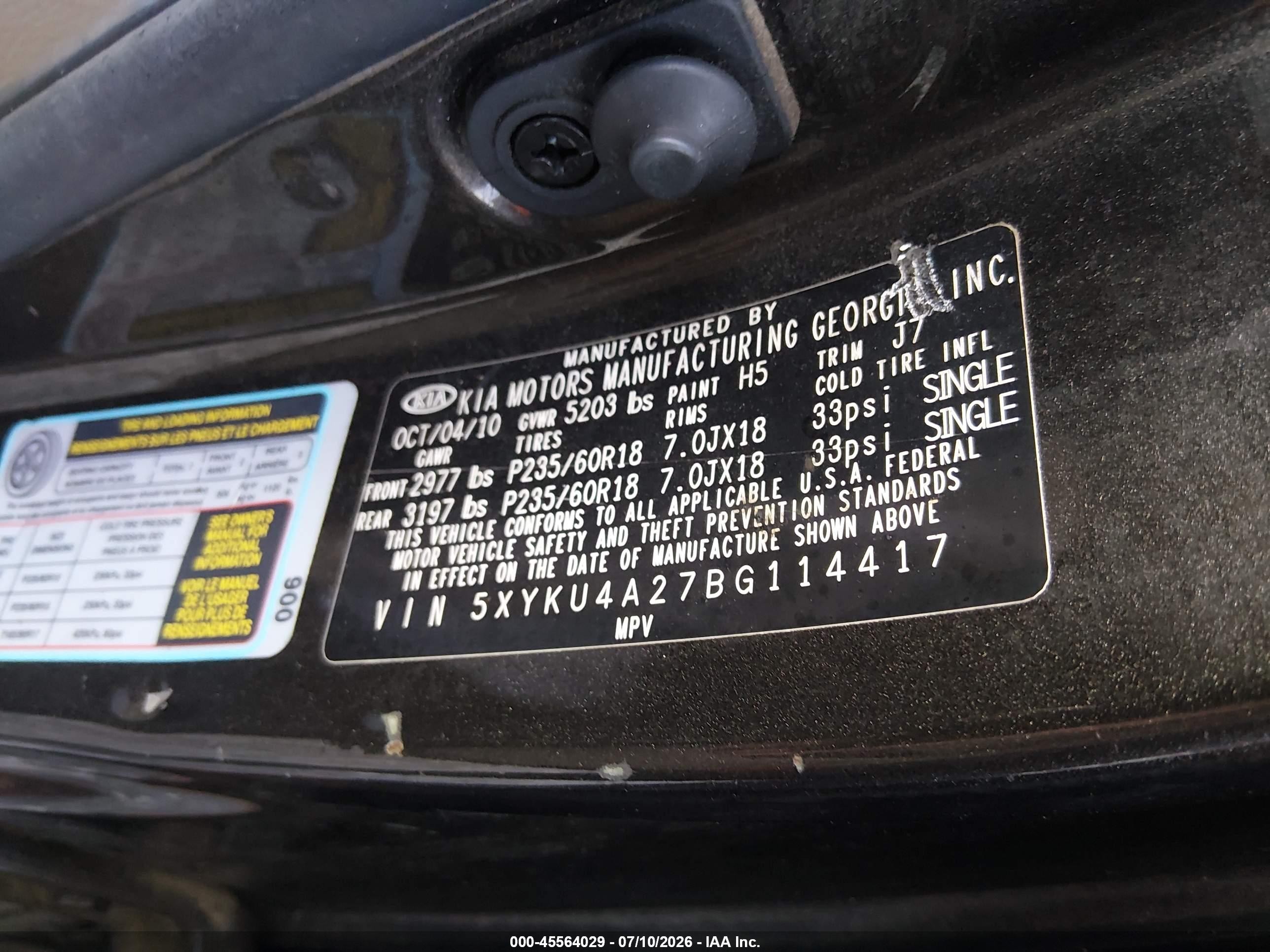 2011 Kia Sorento Ex V6 Black vin: 5XYKU4A27BG114417
