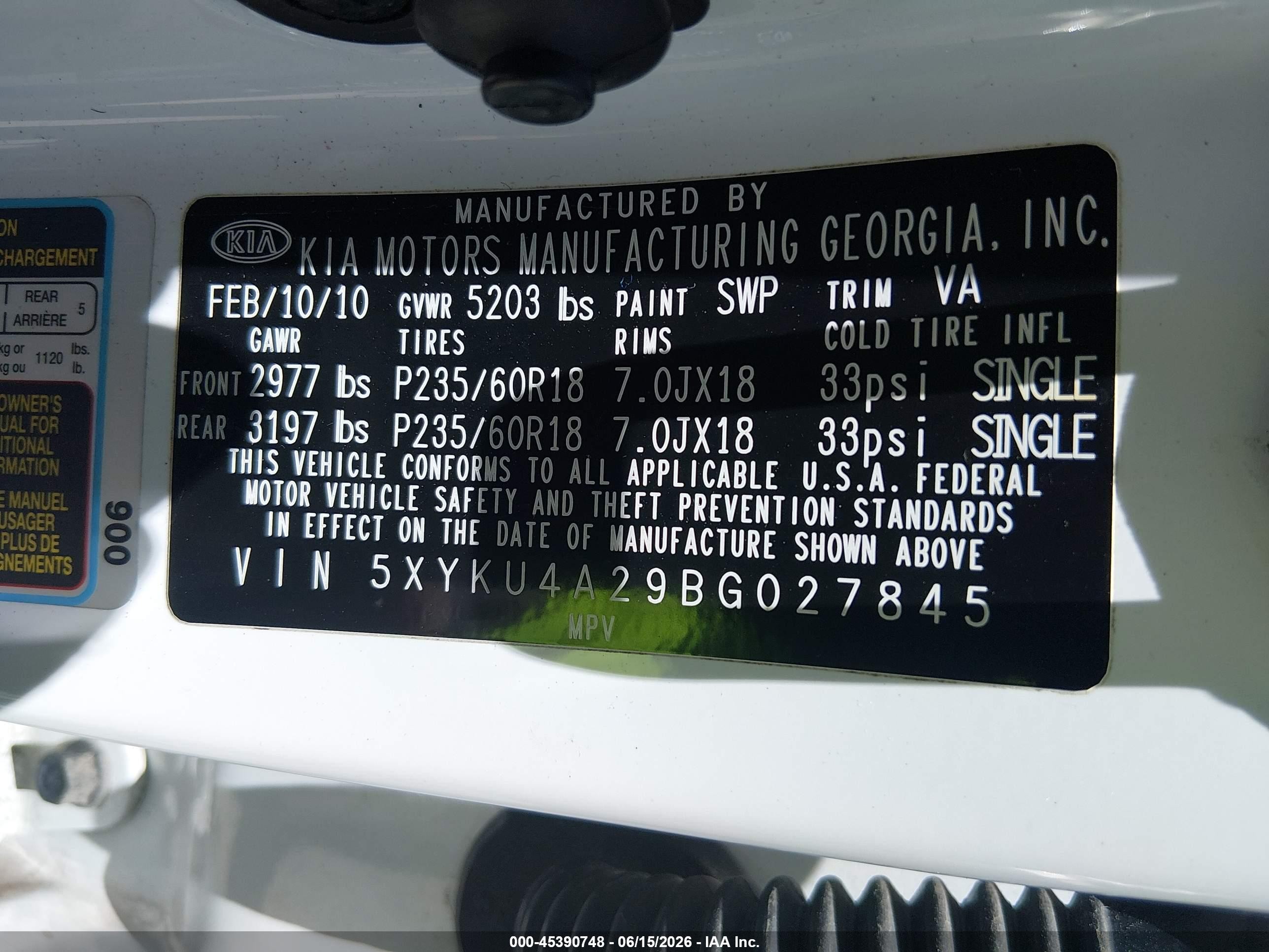 2011 Kia Sorento Ex V6 Белый vin: 5XYKU4A29BG027845
