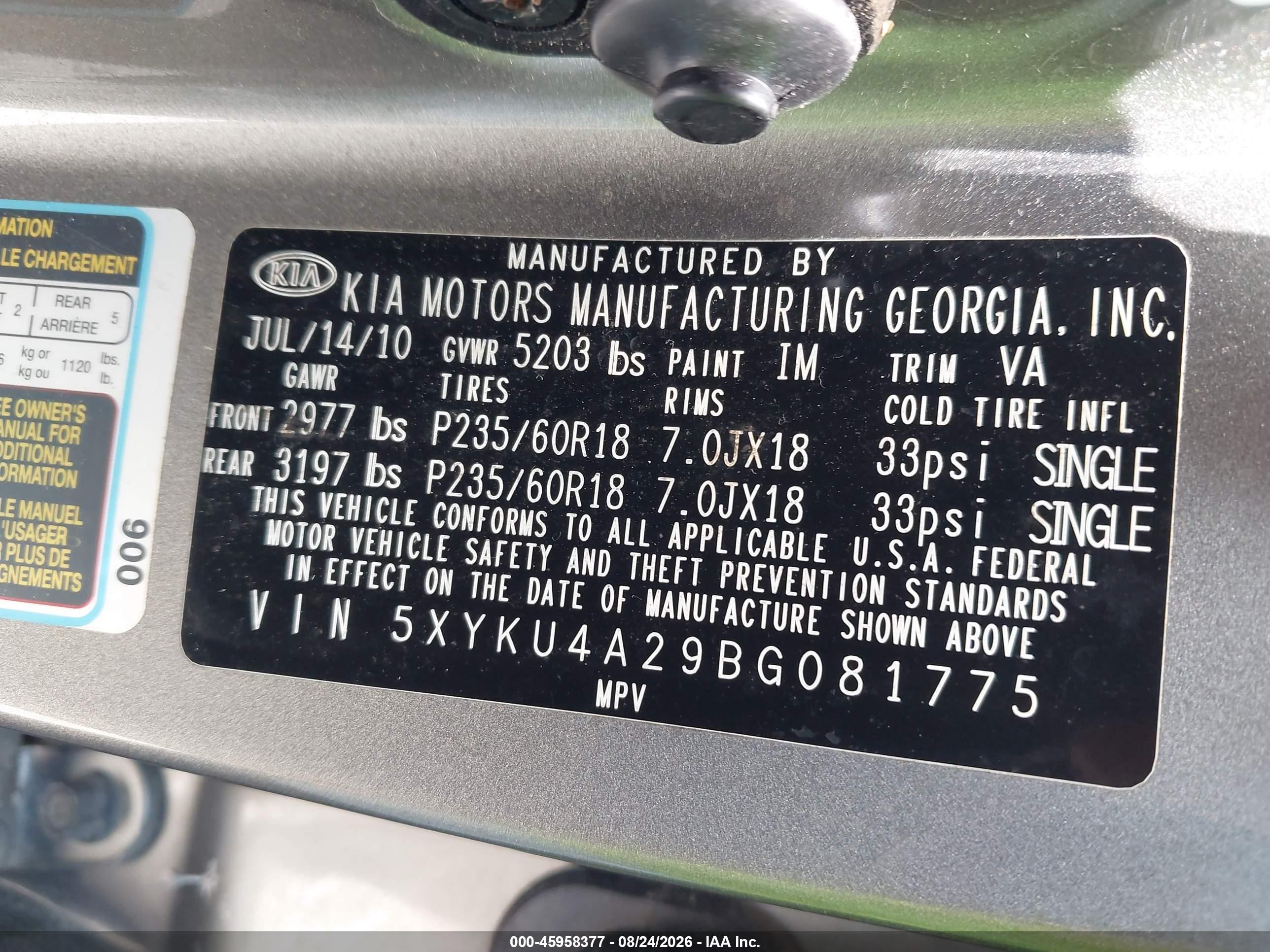 2011 Kia Sorento Ex V6 Серый vin: 5XYKU4A29BG081775