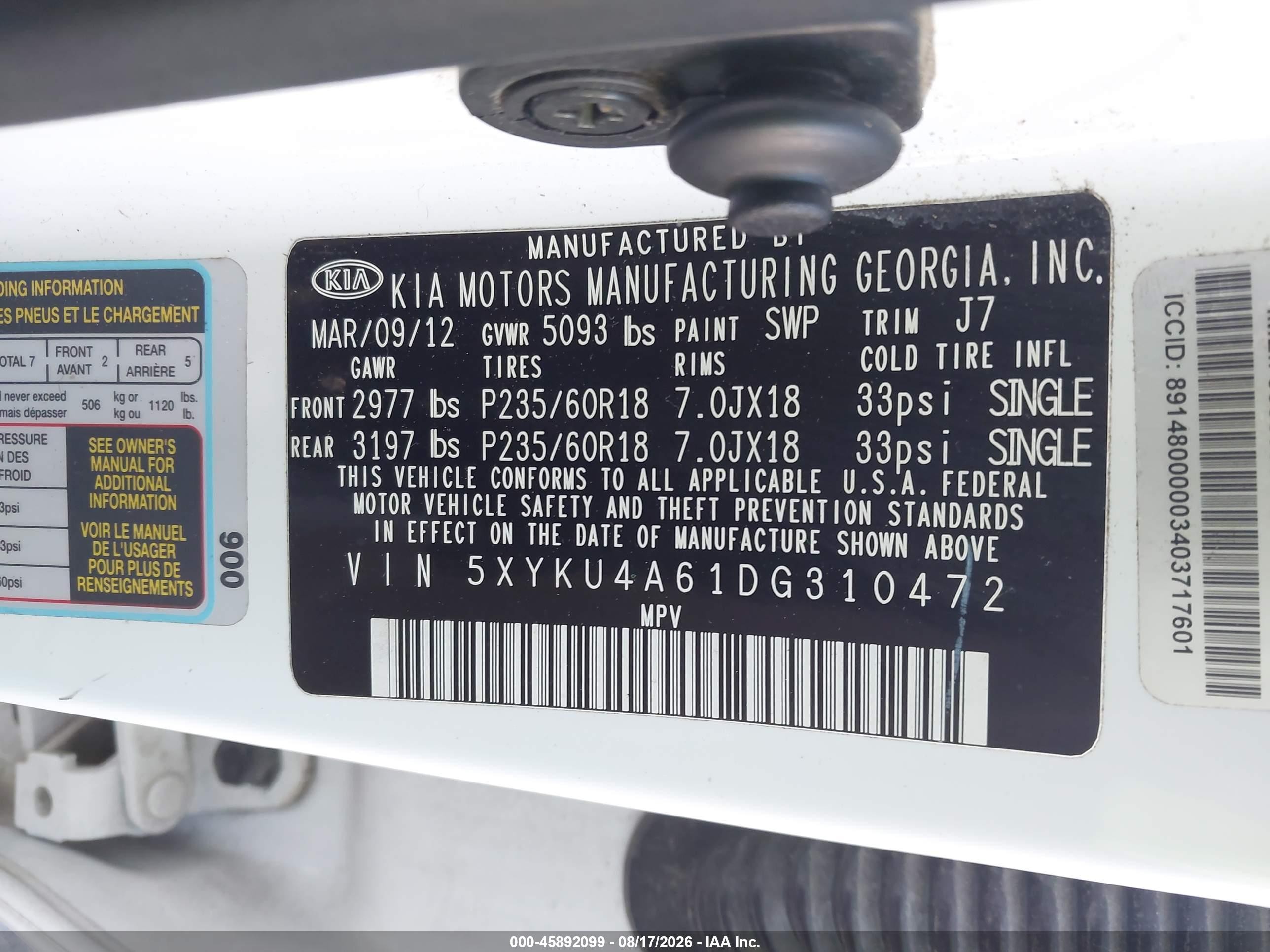 2013 Kia Sorento Ex White vin: 5XYKU4A61DG310472