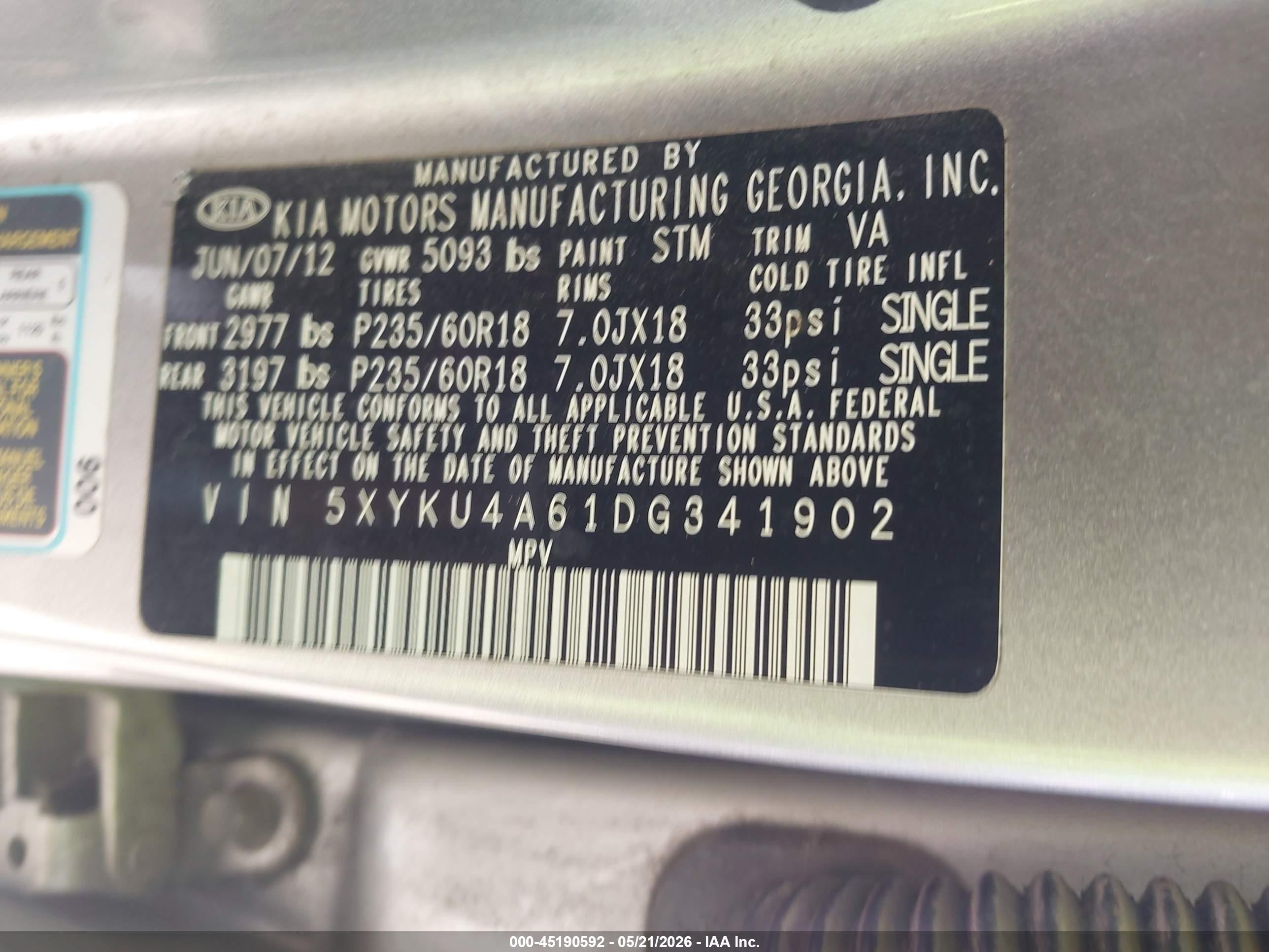 2013 Kia Sorento Ex Silver vin: 5XYKU4A61DG341902