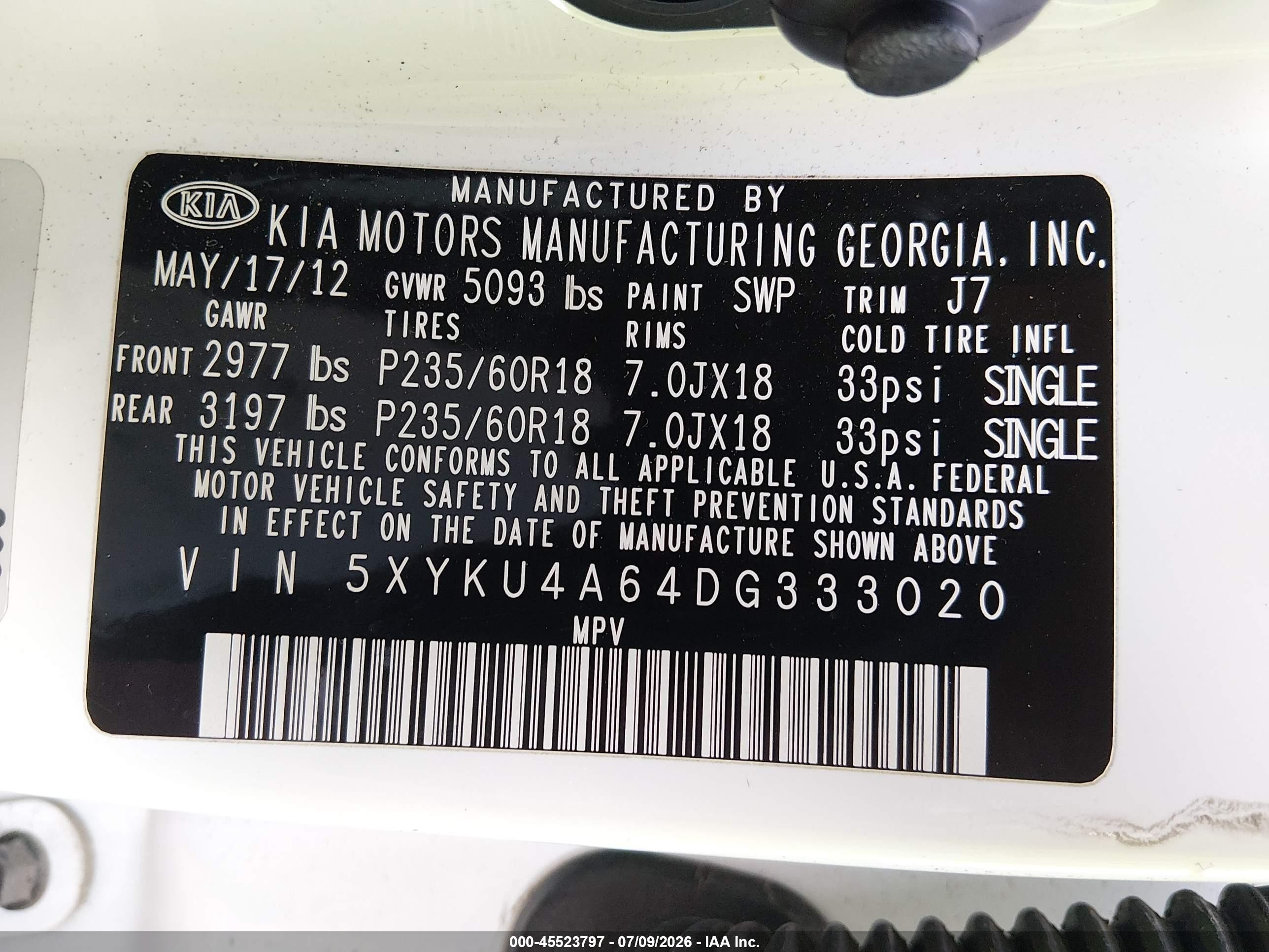 2013 Kia Sorento Ex White vin: 5XYKU4A64DG333020