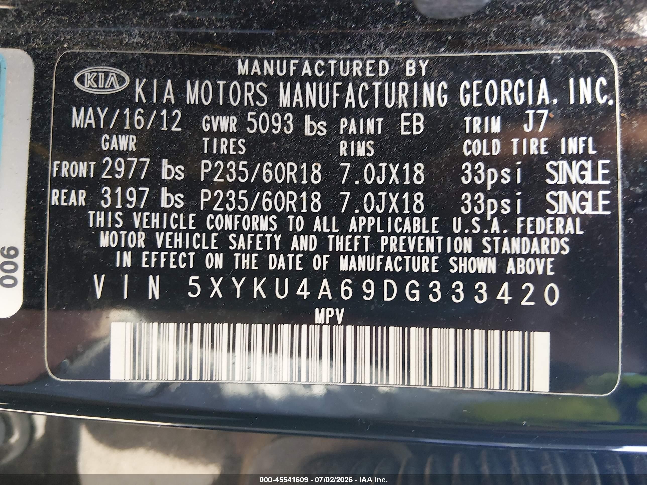 2013 Kia Sorento Ex Black vin: 5XYKU4A69DG333420