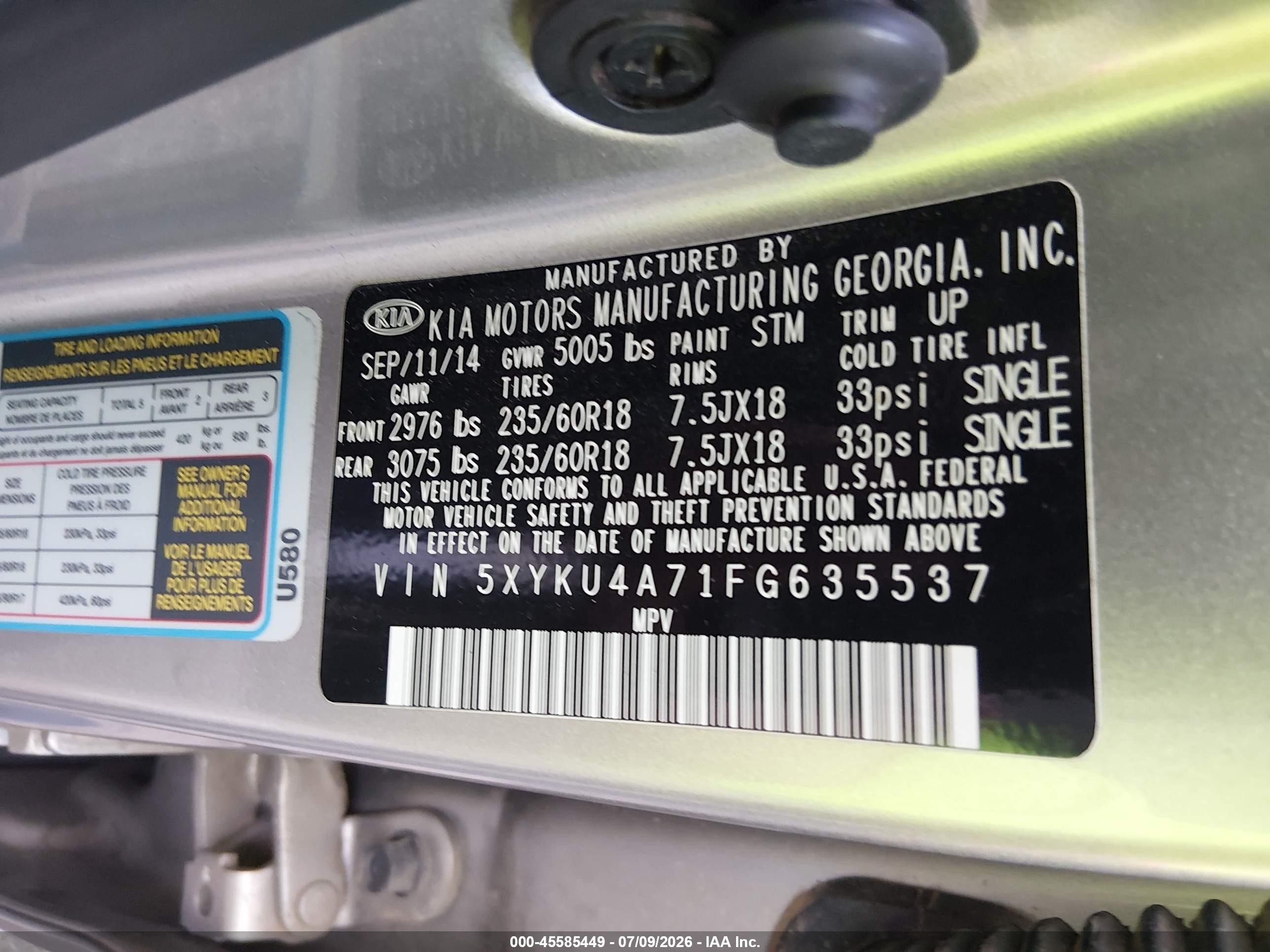 2015 Kia Sorento Ex V6 Silver vin: 5XYKU4A71FG635537