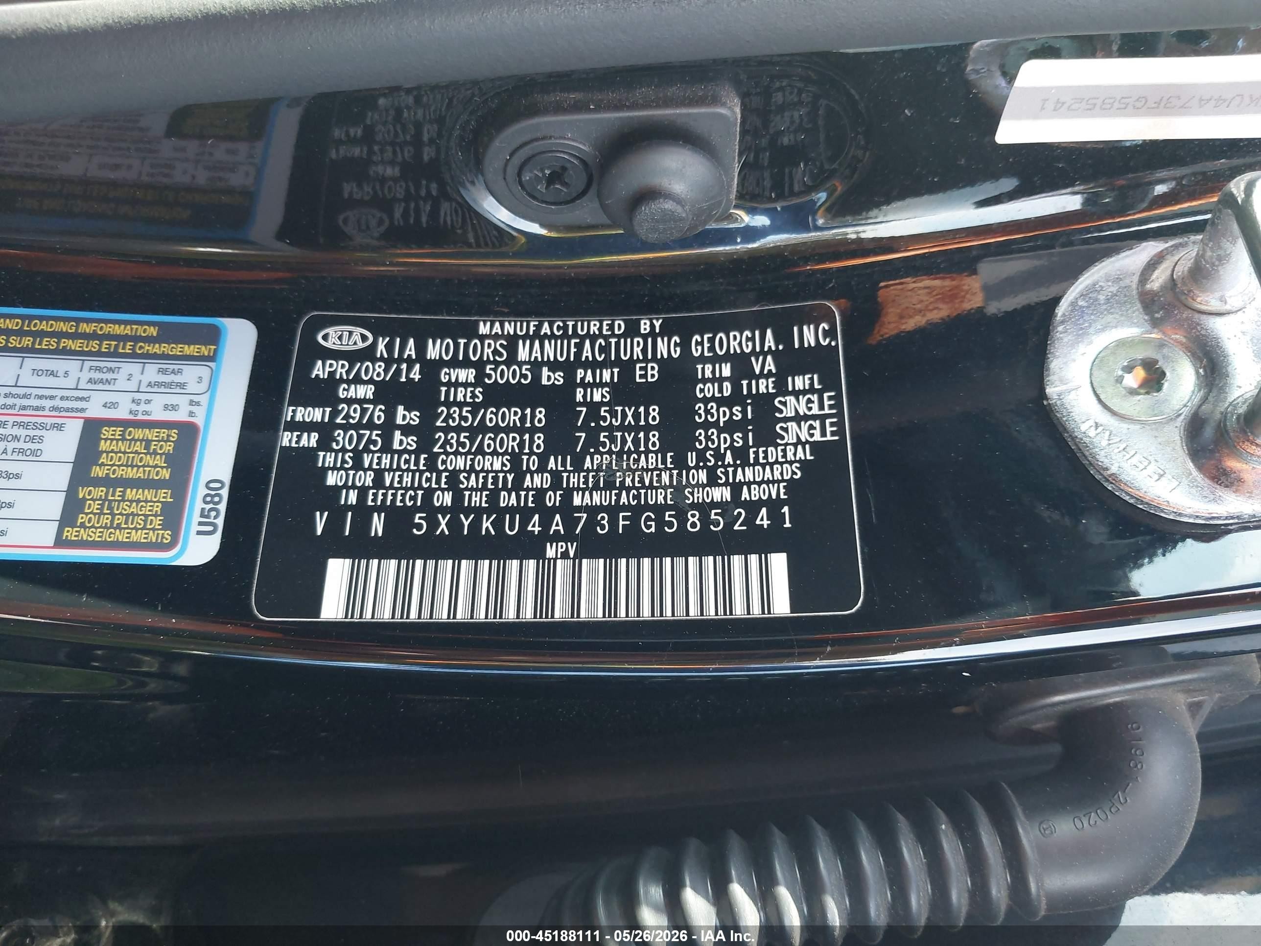 2015 Kia Sorento Ex V6 Black vin: 5XYKU4A73FG585241