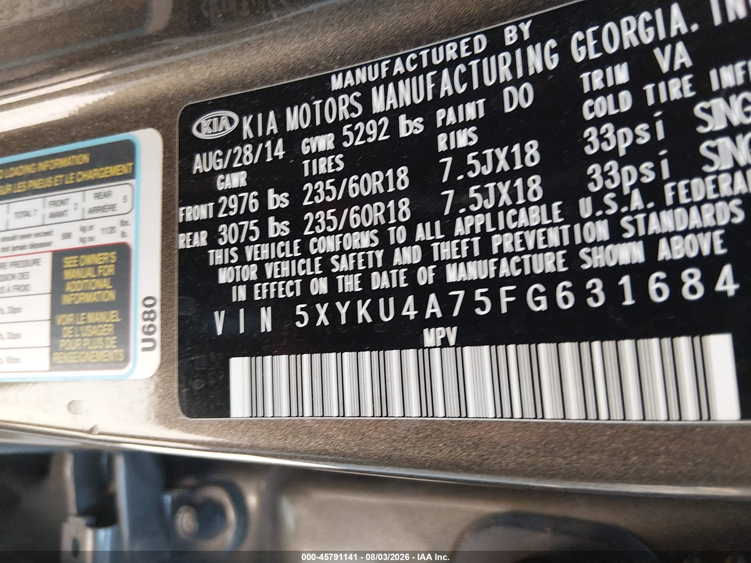 2015 Kia Sorento Ex V6 Серебряный vin: 5XYKU4A75FG631684