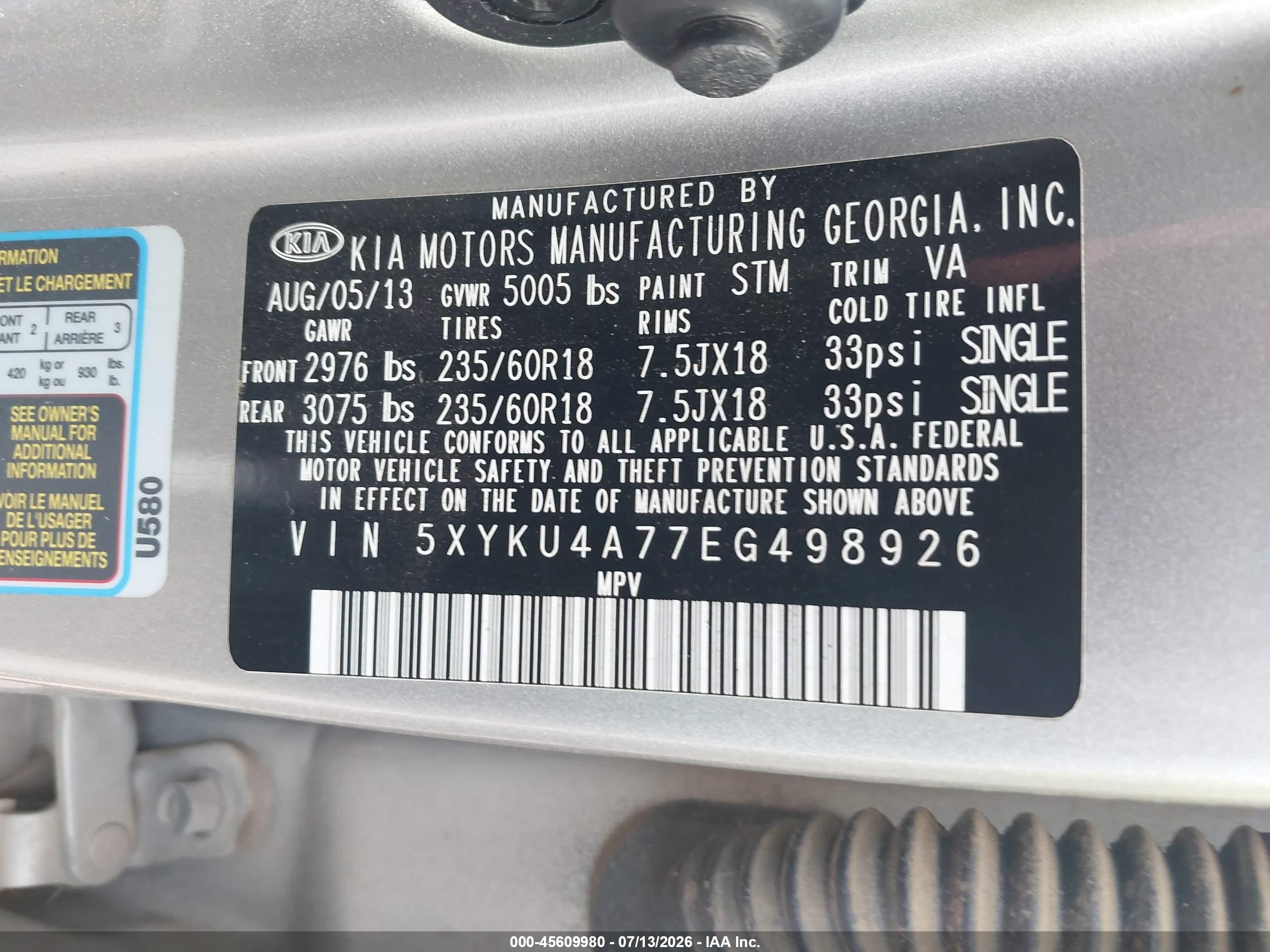 2014 Kia Sorento Ex V6 Silver vin: 5XYKU4A77EG498926