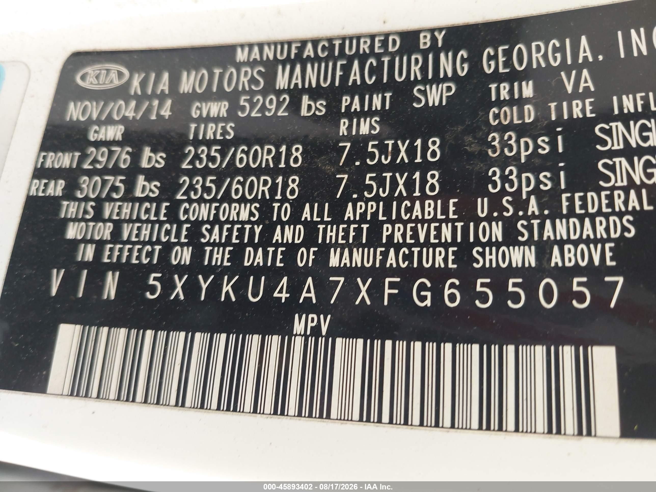 2015 Kia Sorento Ex V6 White vin: 5XYKU4A7XFG655057