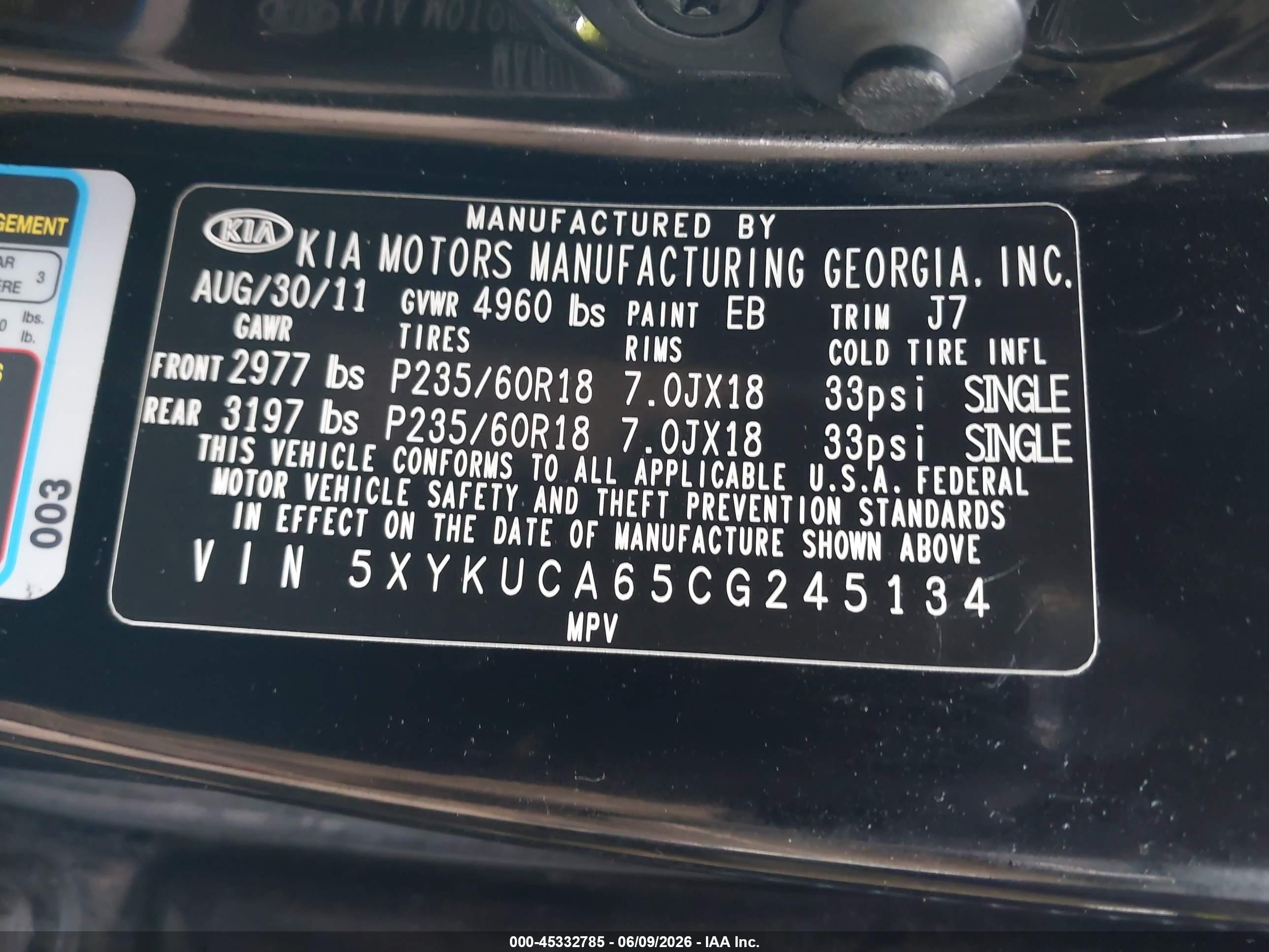 2012 Kia Sorento Ex Black vin: 5XYKUCA65CG245134