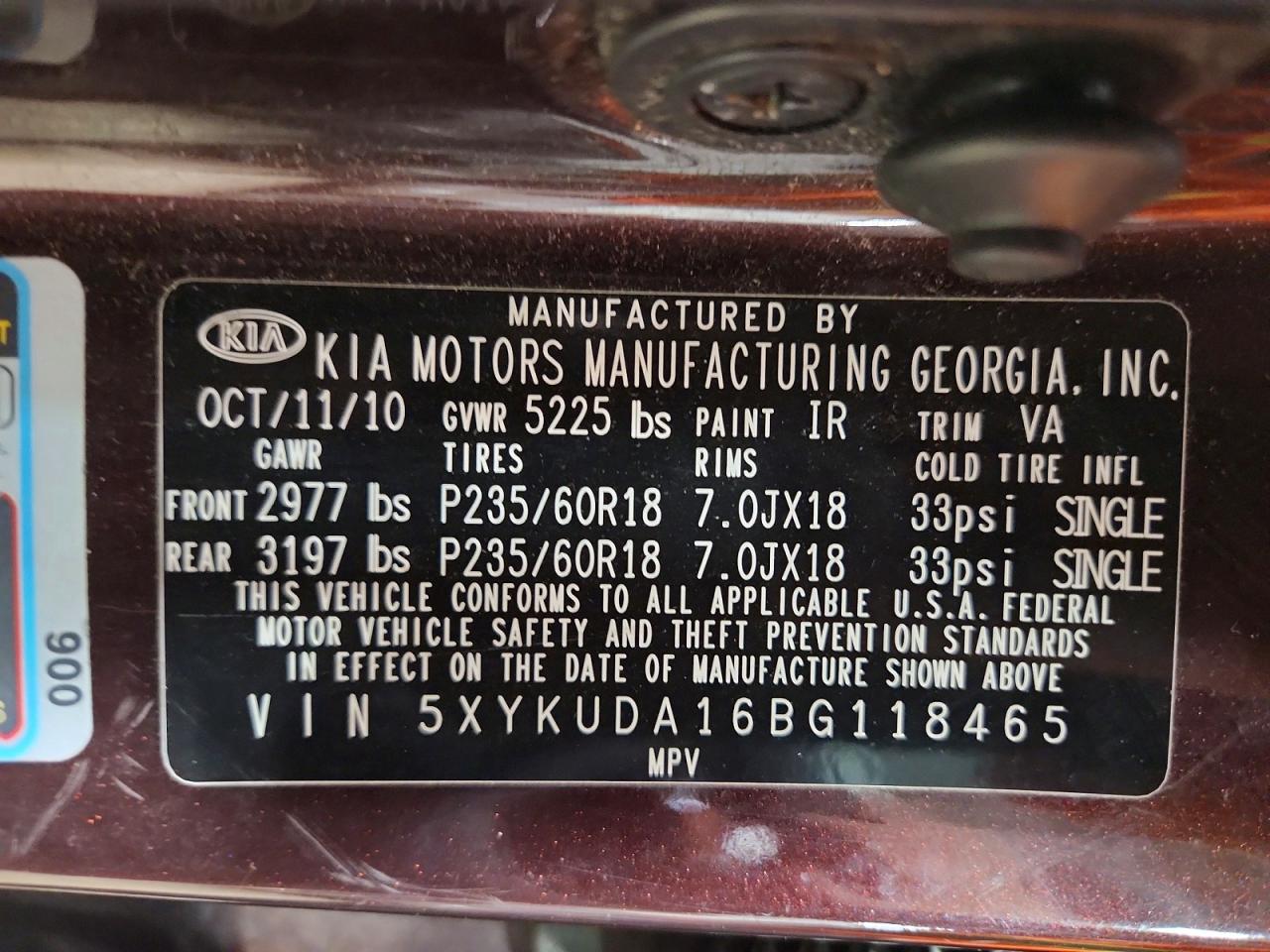 2011 Kia Sorento Ex Red vin: 5XYKUDA16BG118465