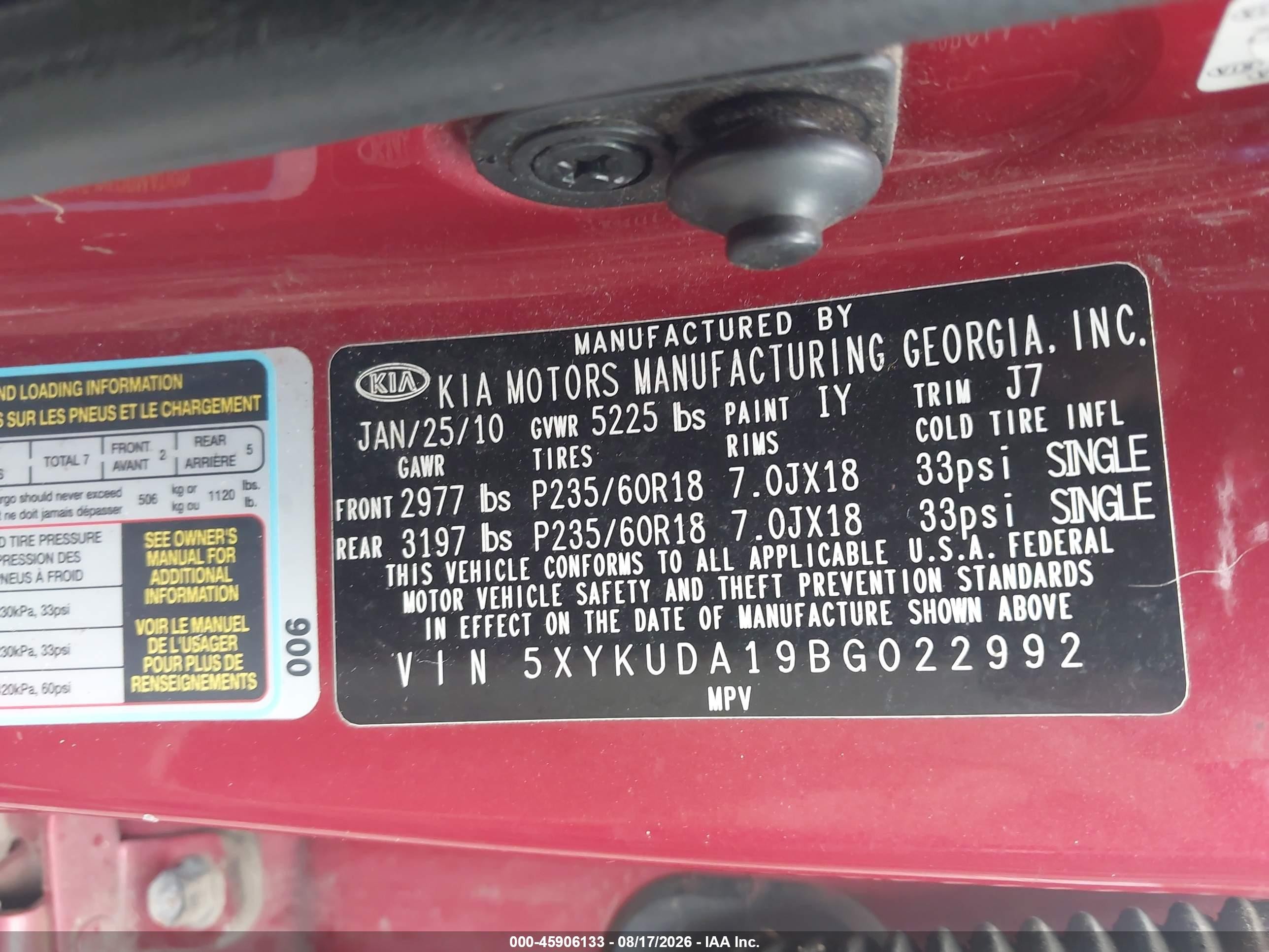 2011 Kia Sorento Ex Red vin: 5XYKUDA19BG022992