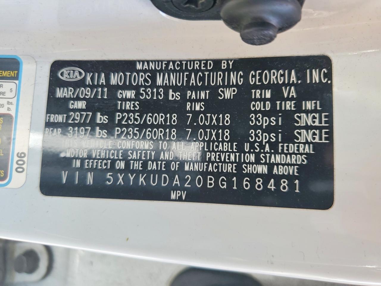 2011 Kia Sorento Ex White vin: 5XYKUDA20BG168481
