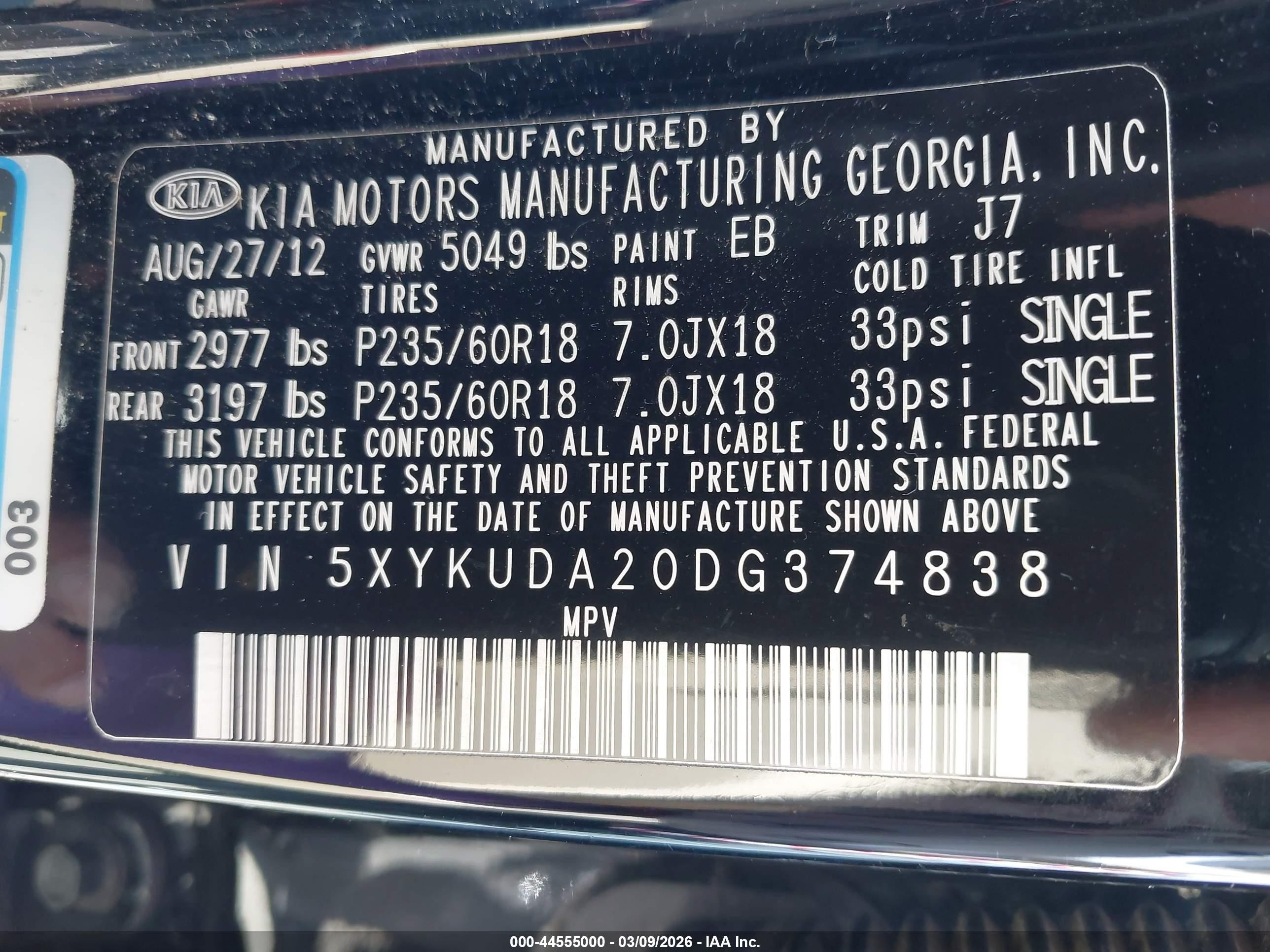 2013 Kia Sorento Ex V6 Black vin: 5XYKUDA20DG374838