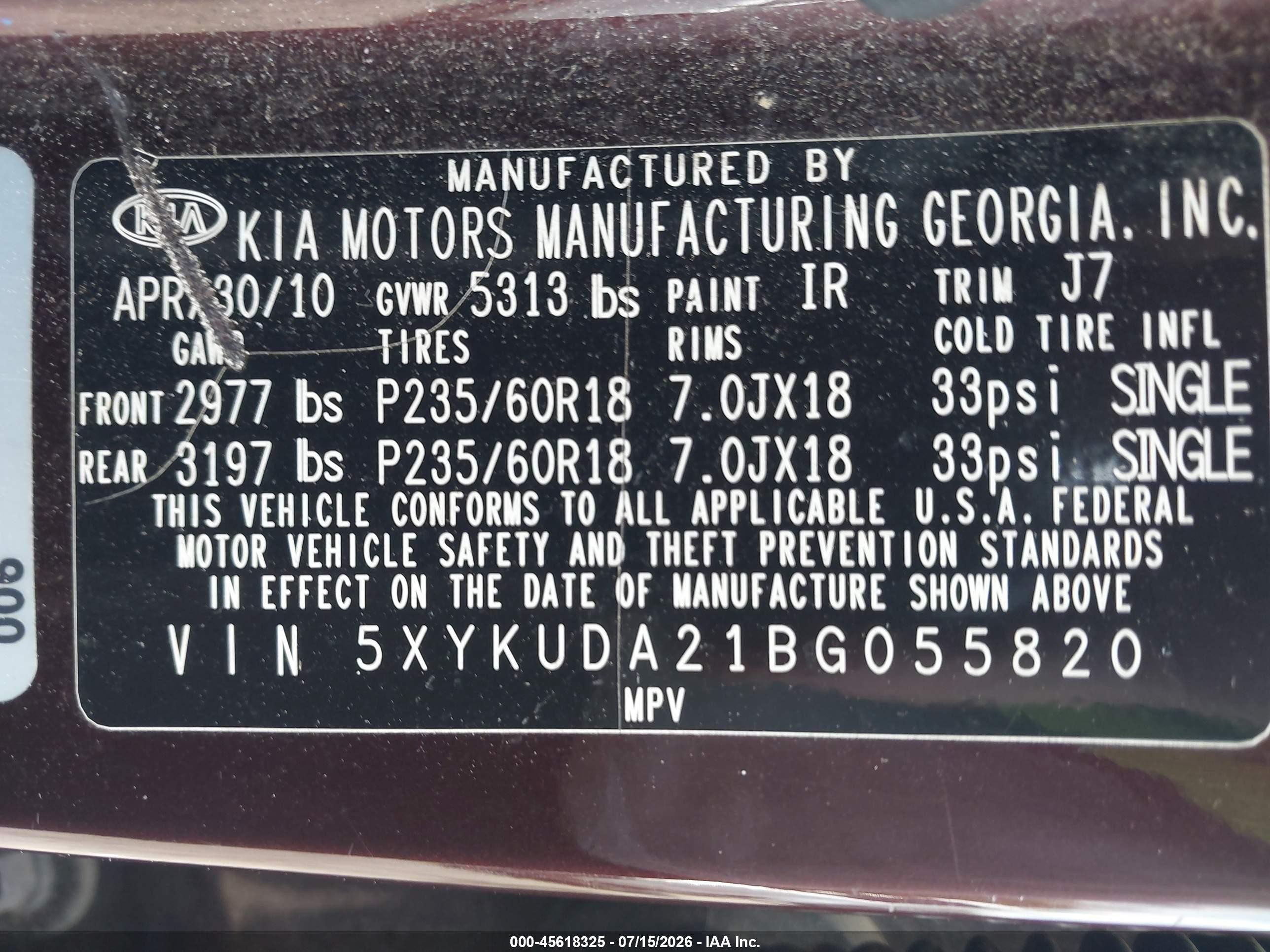 2011 Kia Sorento Ex V6 Maroon vin: 5XYKUDA21BG055820