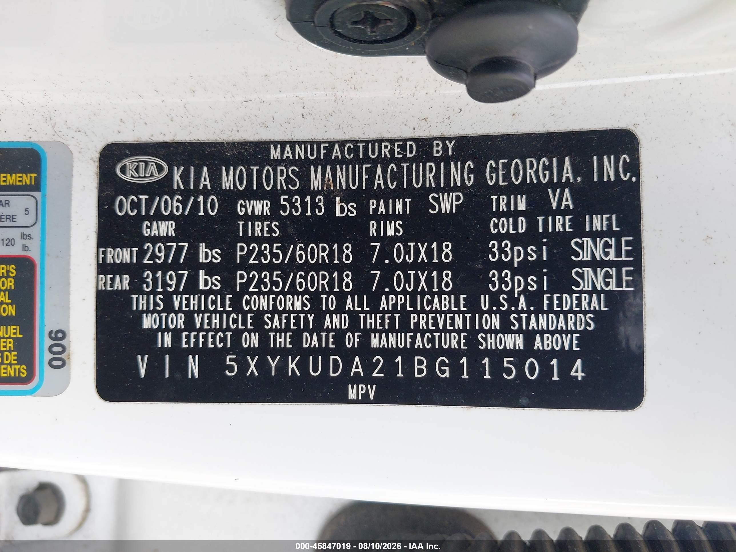 2011 Kia Sorento Ex V6 White vin: 5XYKUDA21BG115014