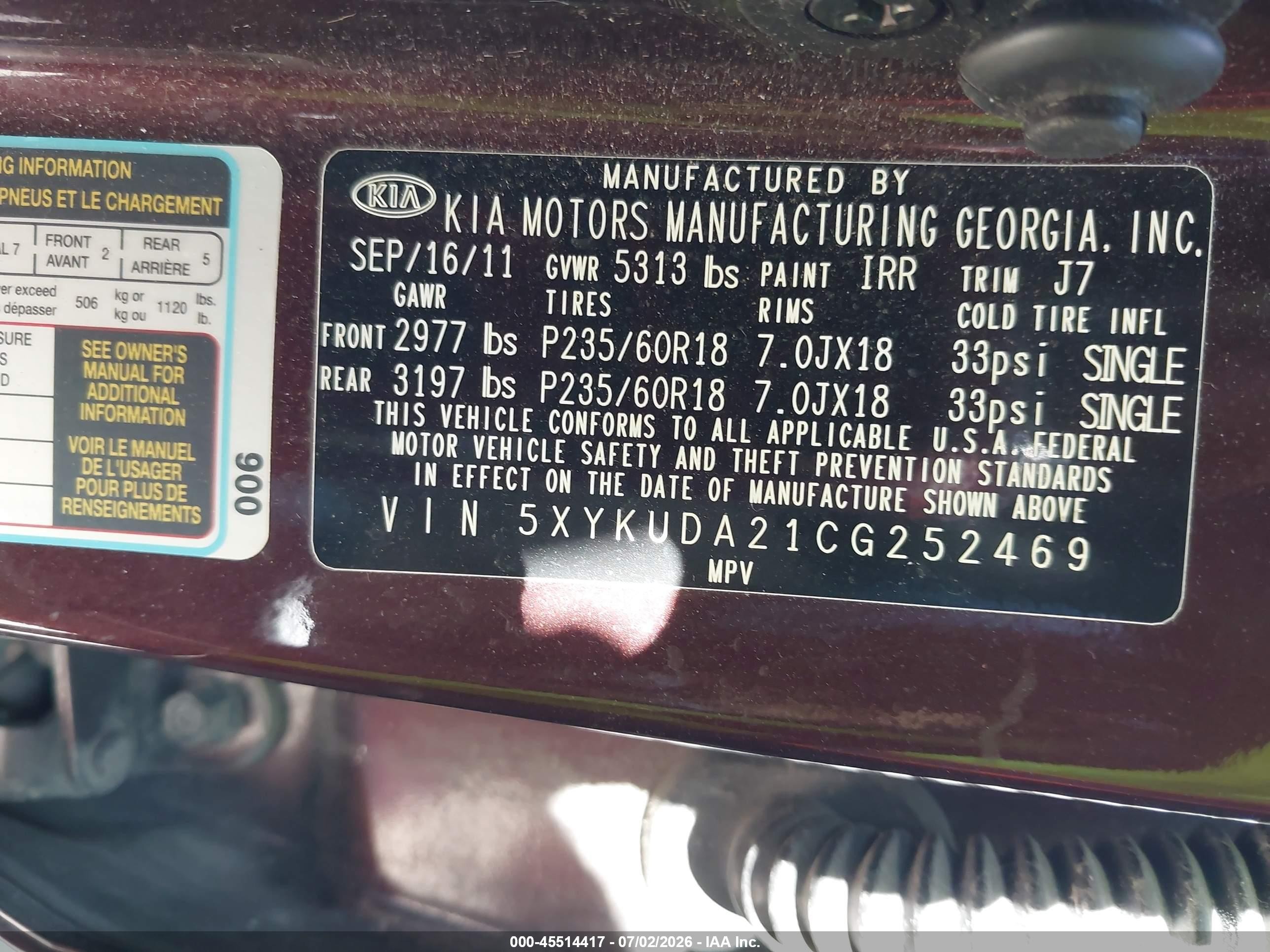 2012 Kia Sorento Ex V6 Purple vin: 5XYKUDA21CG252469
