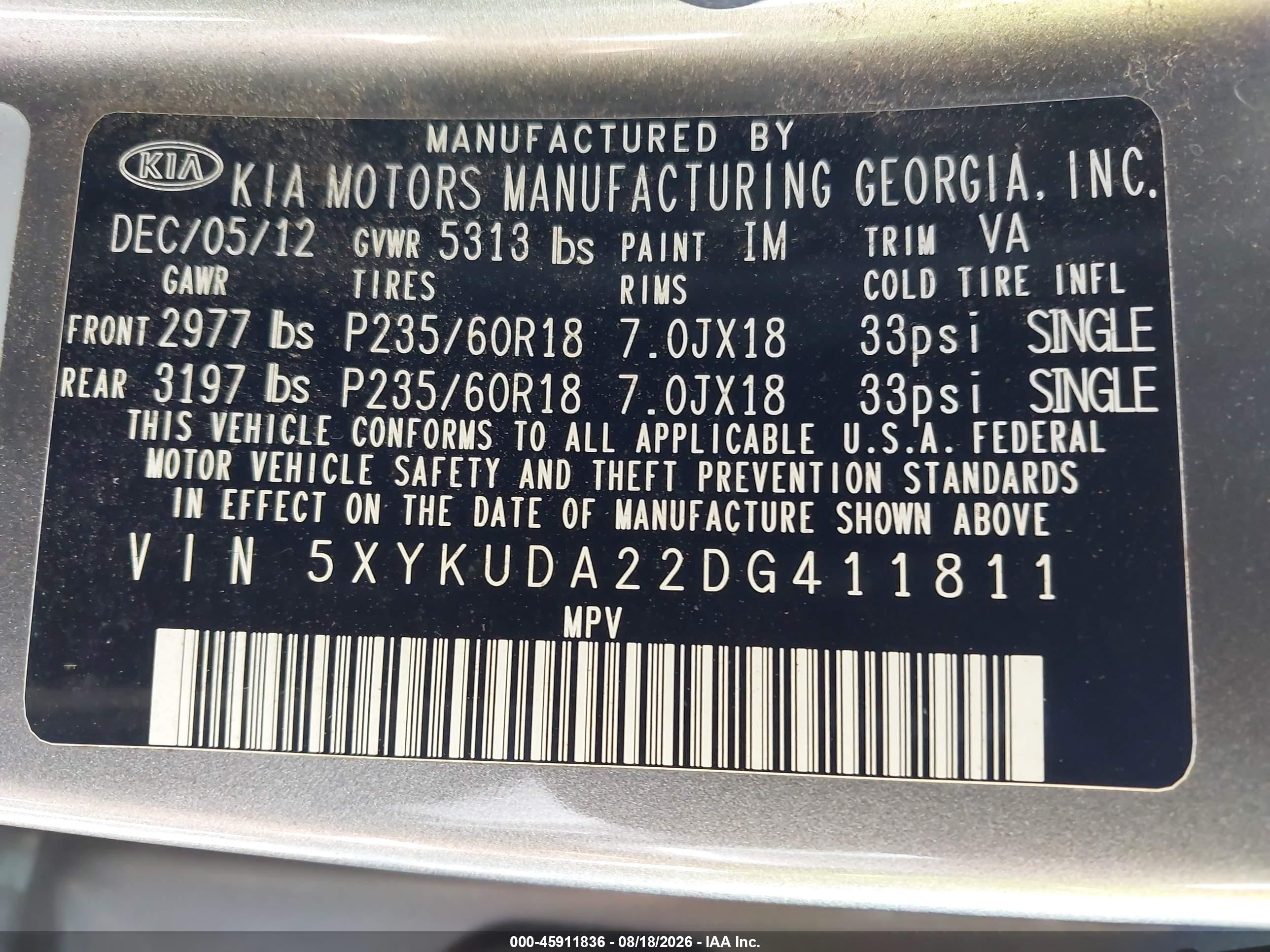2013 Kia Sorento Ex V6 Серый vin: 5XYKUDA22DG411811