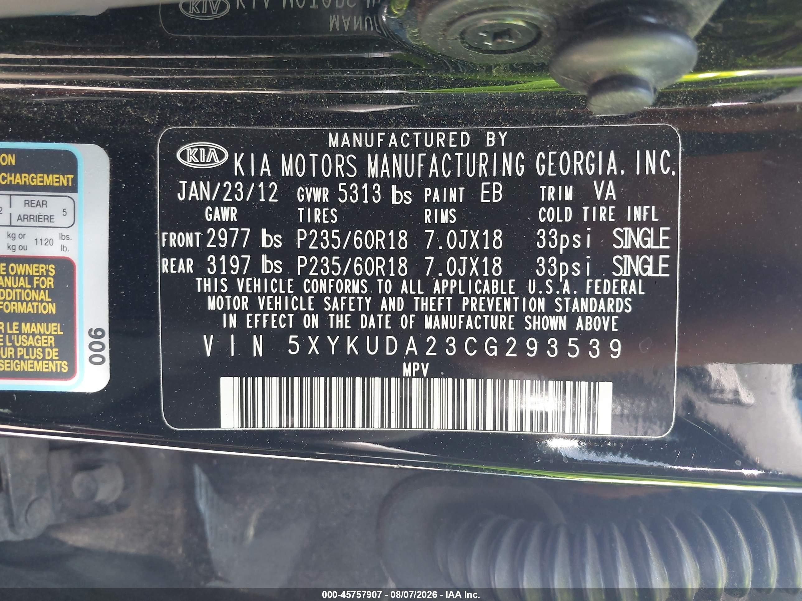2012 Kia Sorento Ex V6 Black vin: 5XYKUDA23CG293539
