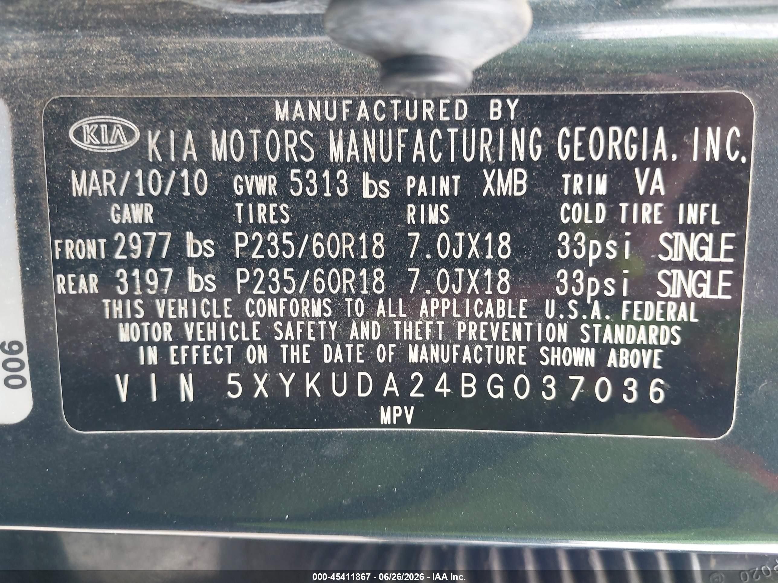 2011 Kia Sorento Ex V6 Dark Blue vin: 5XYKUDA24BG037036