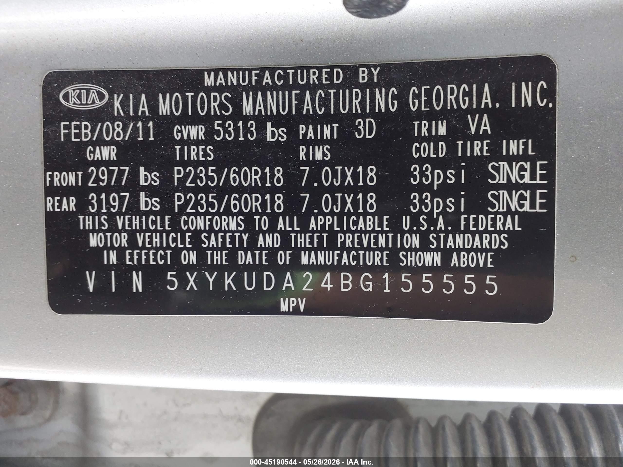 2011 Kia Sorento Ex V6 Silver vin: 5XYKUDA24BG155555