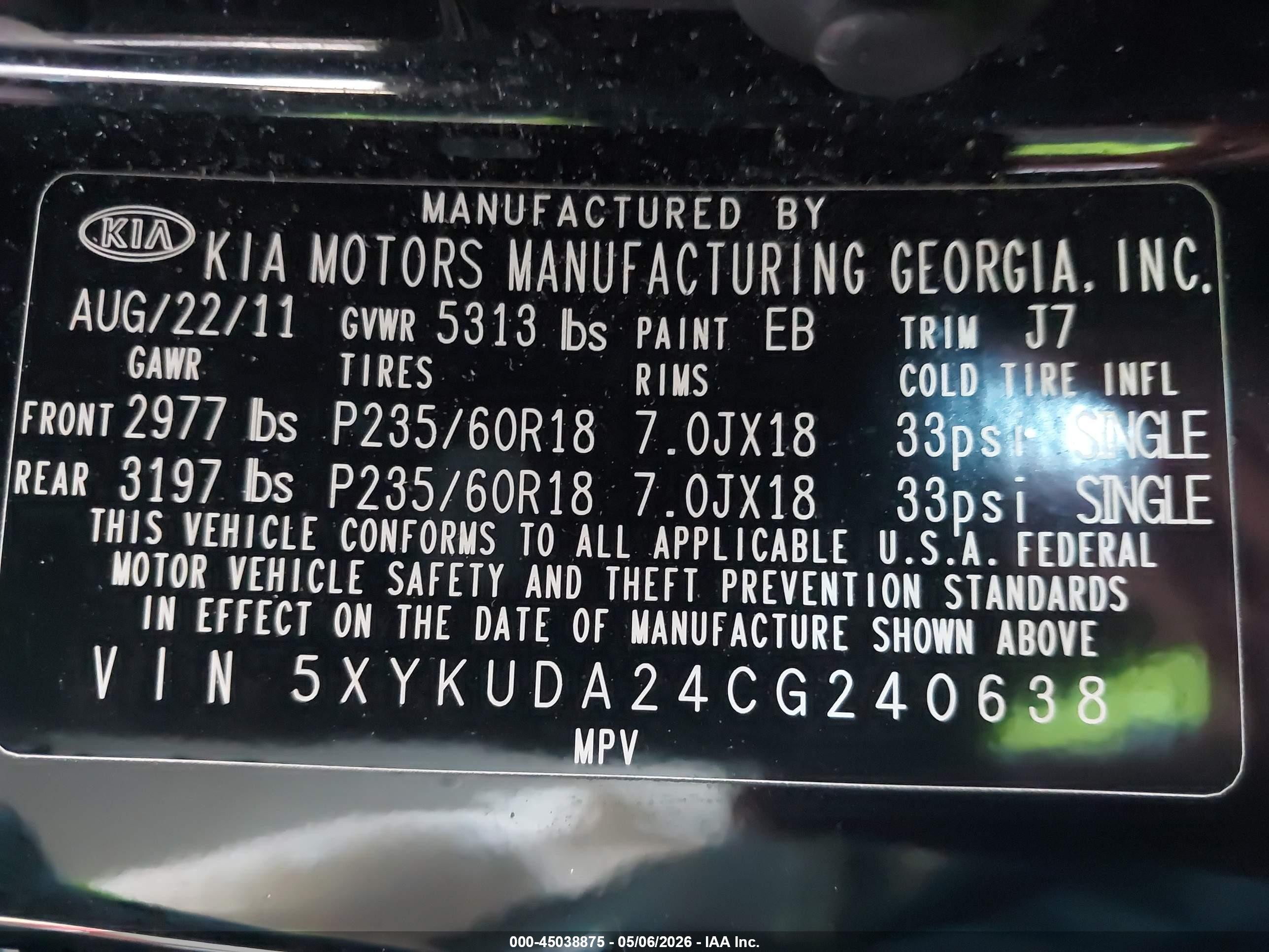 2012 Kia Sorento Ex V6 Black vin: 5XYKUDA24CG240638
