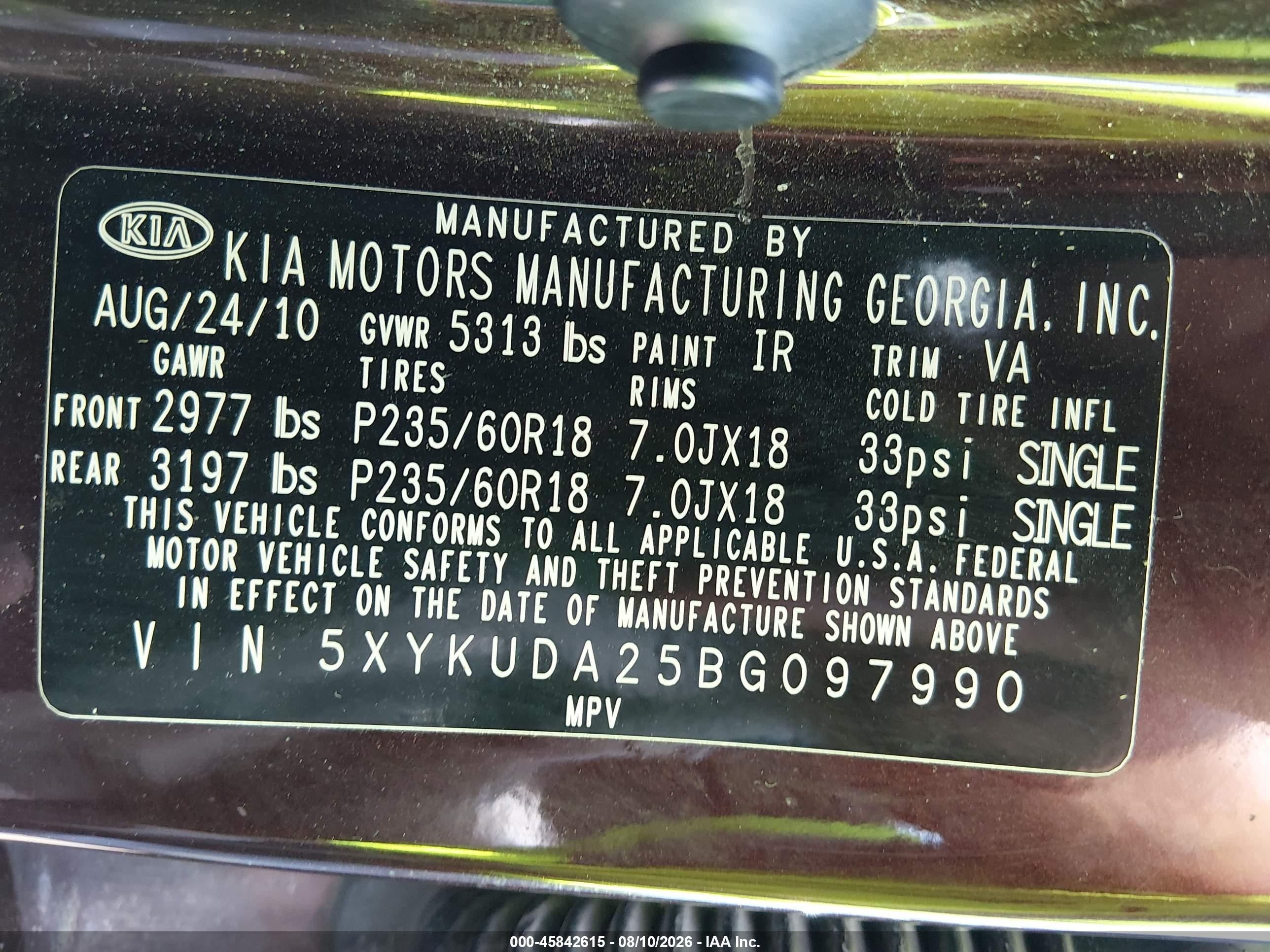 2011 Kia Sorento Ex V6 Бордовый vin: 5XYKUDA25BG097990