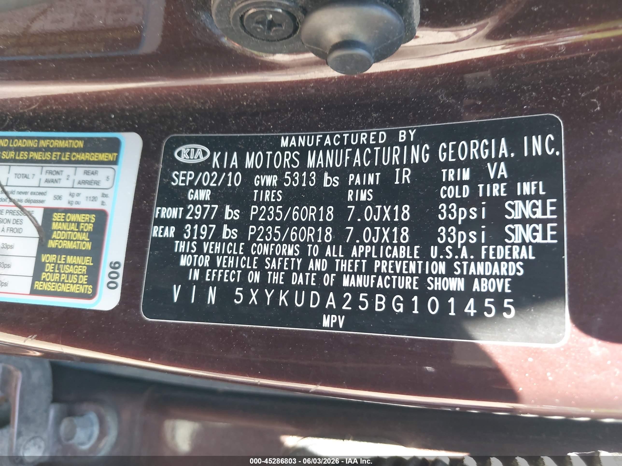 2011 Kia Sorento Ex V6 Purple vin: 5XYKUDA25BG101455