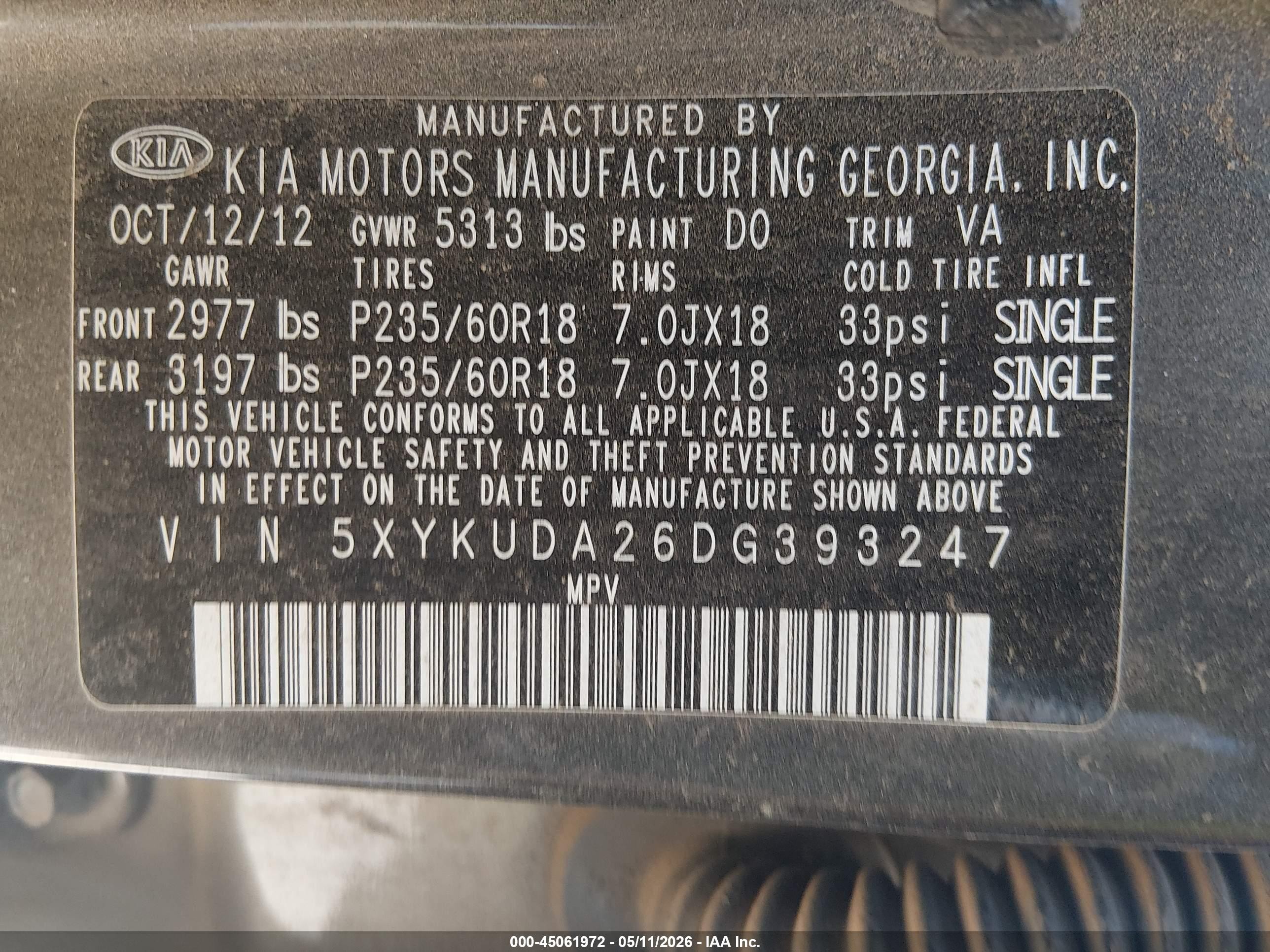 2013 Kia Sorento Ex V6 Gray vin: 5XYKUDA26DG393247