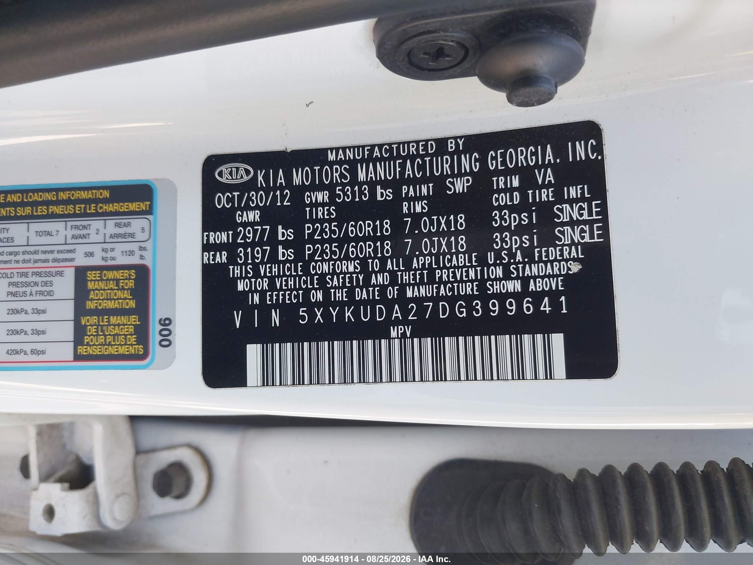2013 Kia Sorento Ex V6 White vin: 5XYKUDA27DG399641