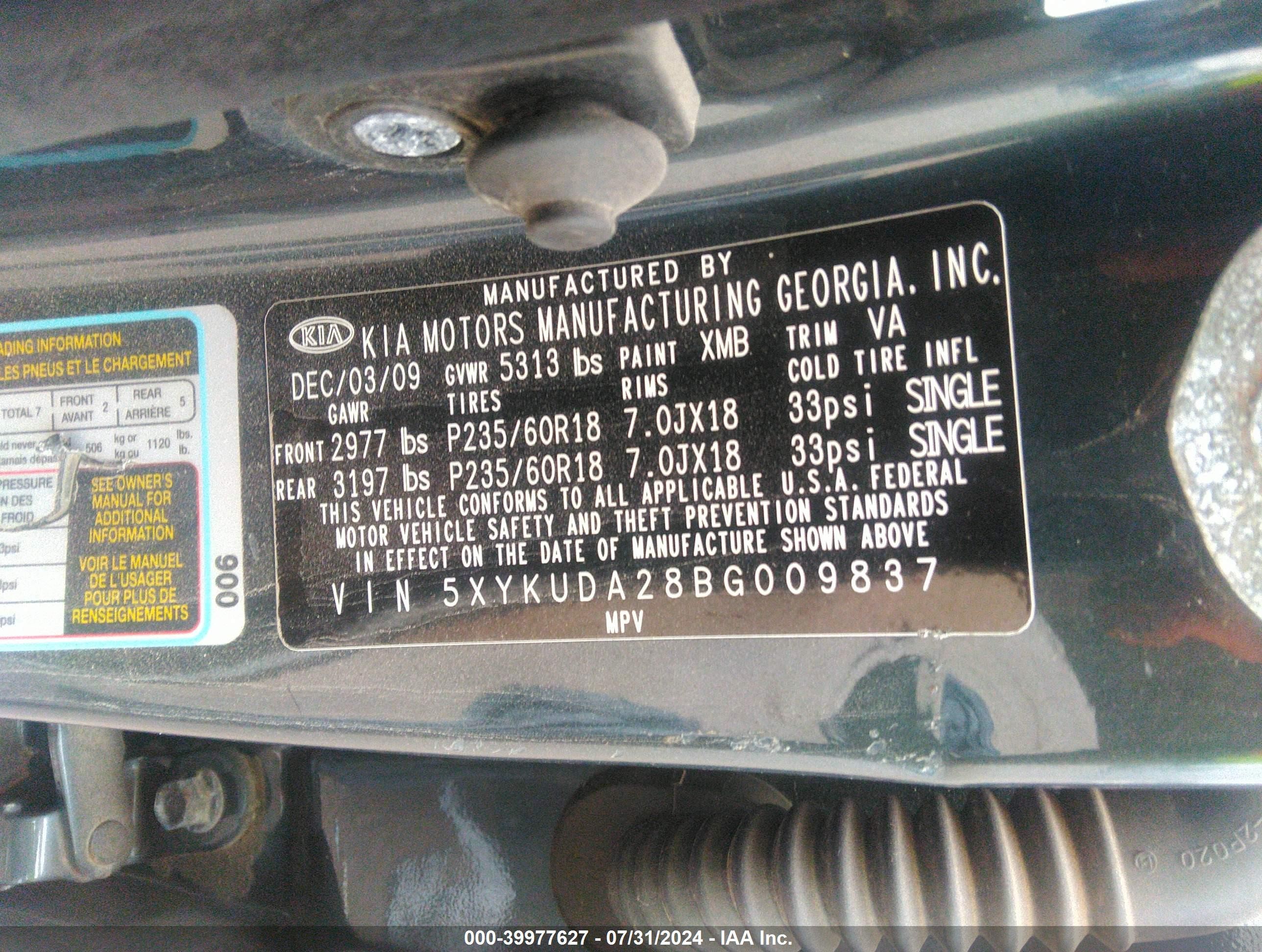 2011 Kia Sorento Ex V6 Blue vin: 5XYKUDA28BG009837